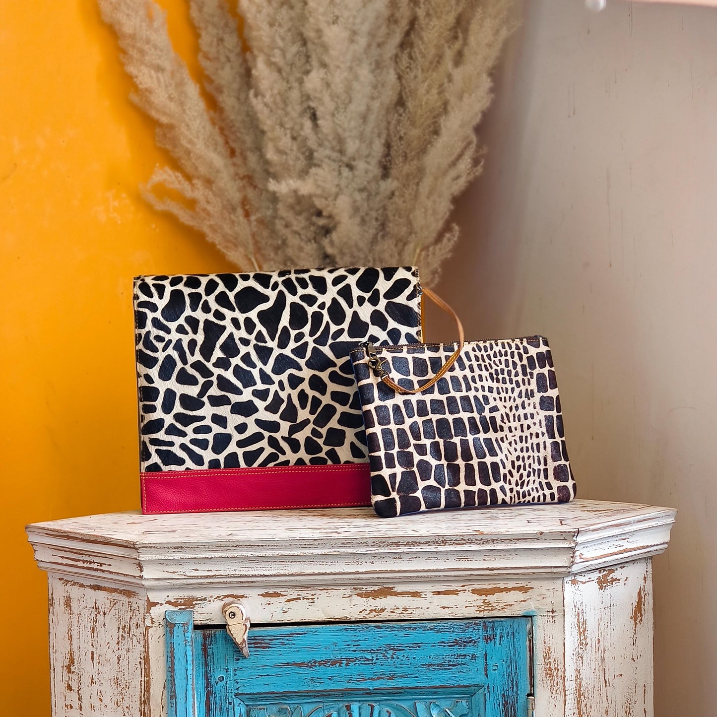 Recycled Leather Messenger Bag, Animal Print Cowhide Crossbody, iPad Tablet Satchel - JayKayBoutiqueOnline
