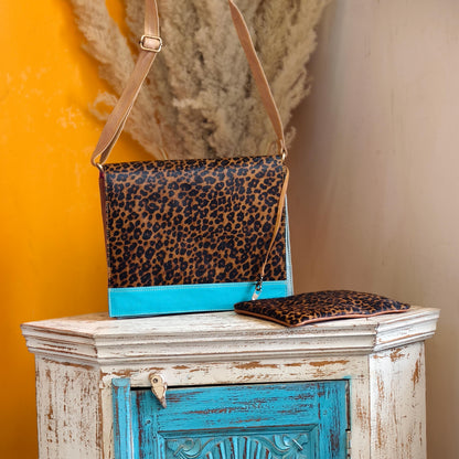 Recycled Leather Messenger Bag, Animal Print Cowhide Crossbody, iPad Tablet Satchel - JayKayBoutiqueOnline