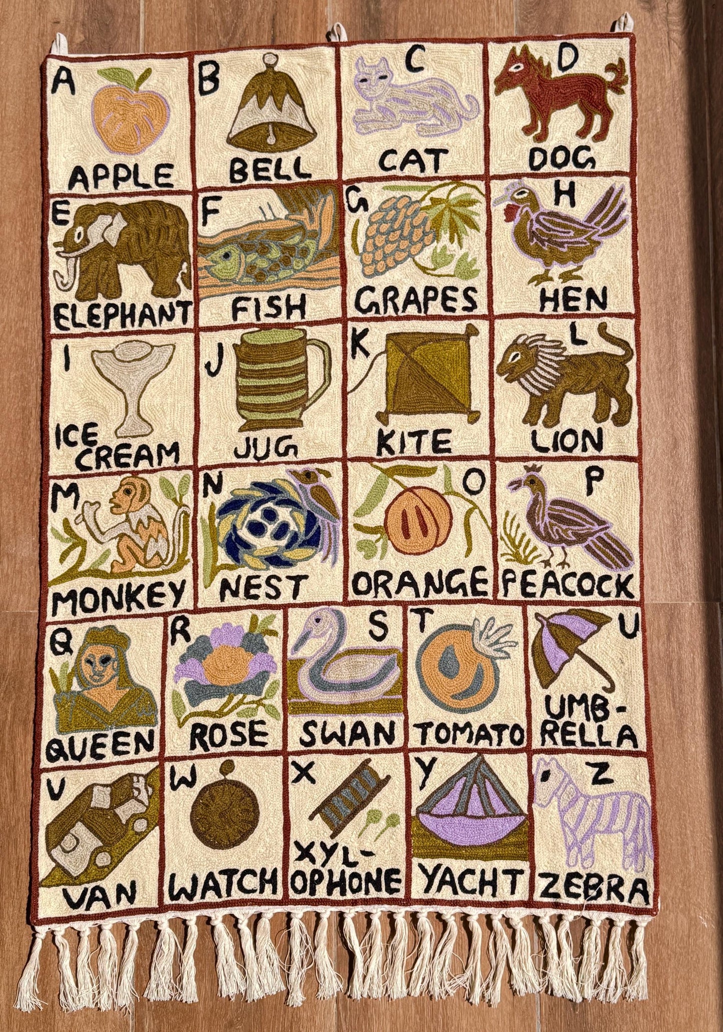 Handmade Alphabet Tapestry for Babies and kids: Wool Crewel Embroidered ABC Wall Hanging Nursery Decor, BabyShower, first Birthday - JayKayBoutiqueOnline