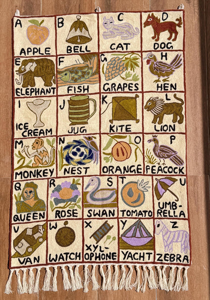 Handmade Alphabet Tapestry for Babies and kids: Wool Crewel Embroidered ABC Wall Hanging Nursery Decor, BabyShower, first Birthday - JayKayBoutiqueOnline