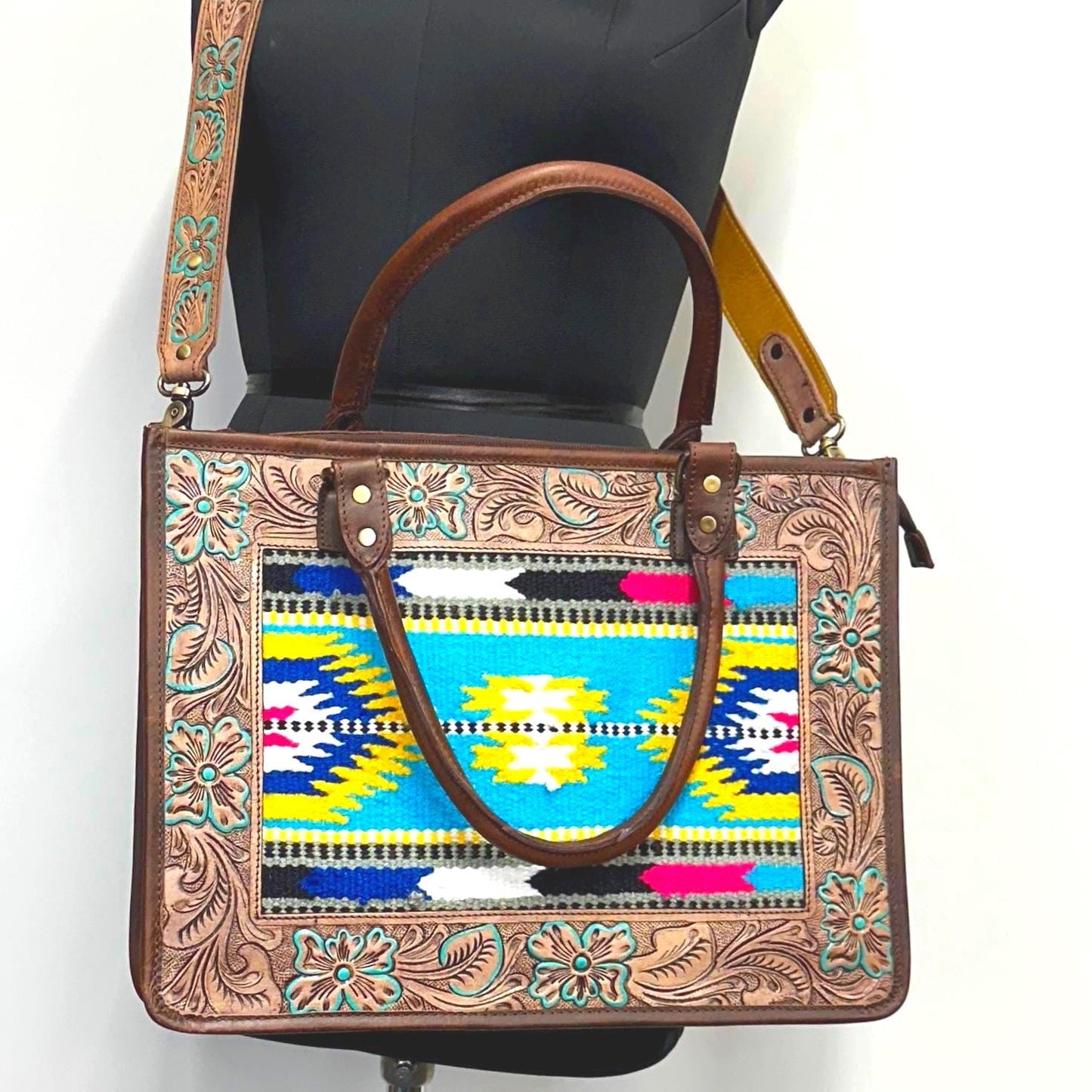 Hand Tooled Leather Laptop Tote Briefcase Kilim Blanket Bag - JayKayBoutiqueOnline