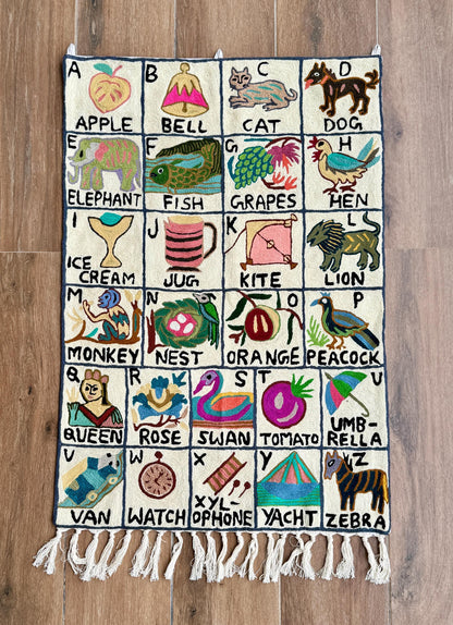 Handmade Alphabet Tapestry for Babies and kids: Wool Crewel Embroidered ABC Wall Hanging Nursery Decor, BabyShower, first Birthday - JayKayBoutiqueOnline