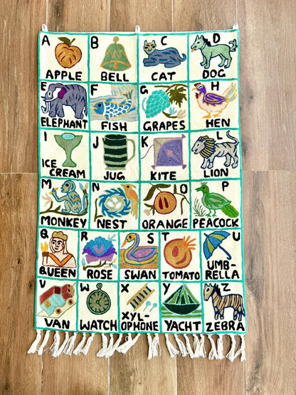 Handmade Alphabet Tapestry for Babies and kids: Wool Crewel Embroidered ABC Wall Hanging Nursery Decor, BabyShower, first Birthday - JayKayBoutiqueOnline