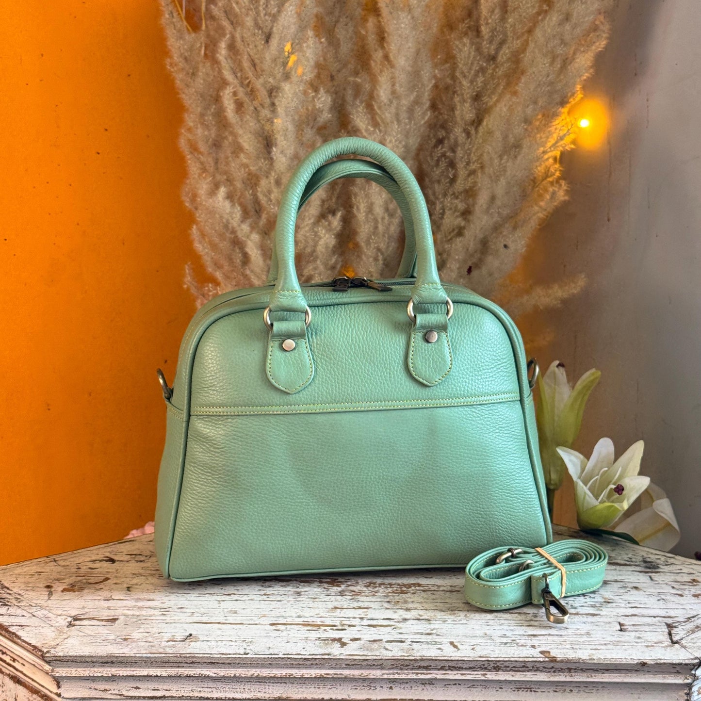 Recycled Coloured Leather Boston Bag, Vintage Style Top Handle Crossbody Handbag - JayKayBoutiqueOnline