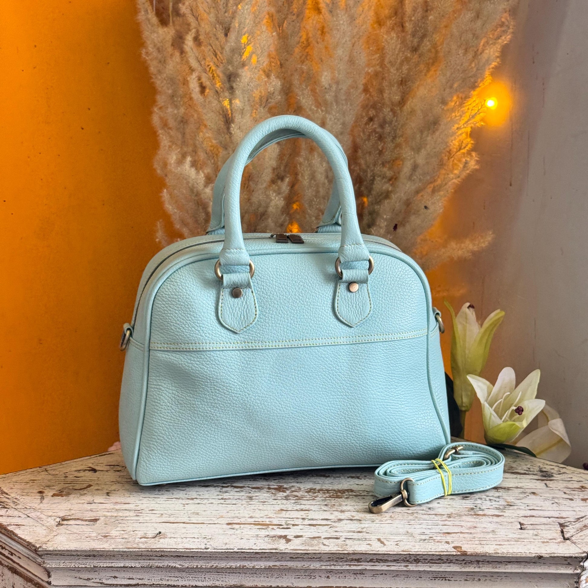 Recycled Coloured Leather Boston Bag, Vintage Style Top Handle Crossbody Handbag - JayKayBoutiqueOnline