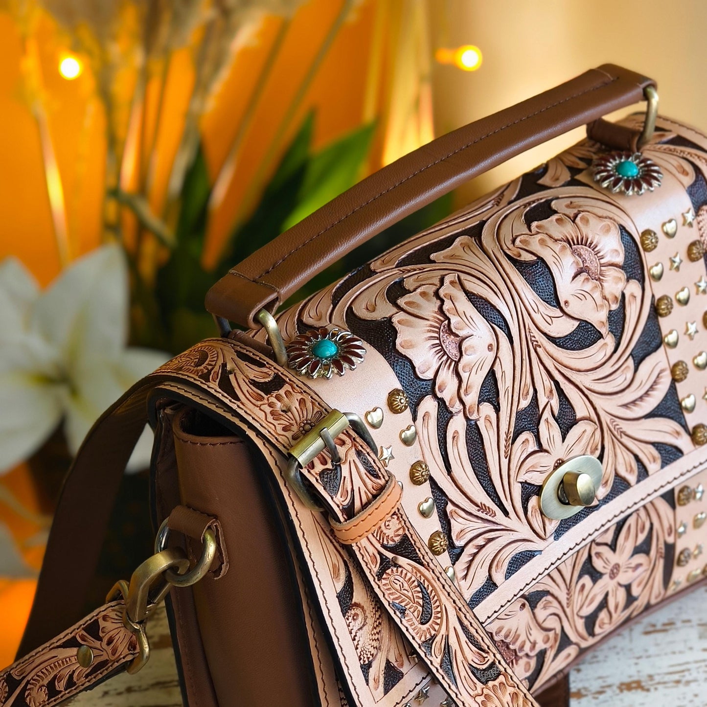 Moon Hand Tooled Full Grain Leather Bag - JayKayBoutiqueOnline
