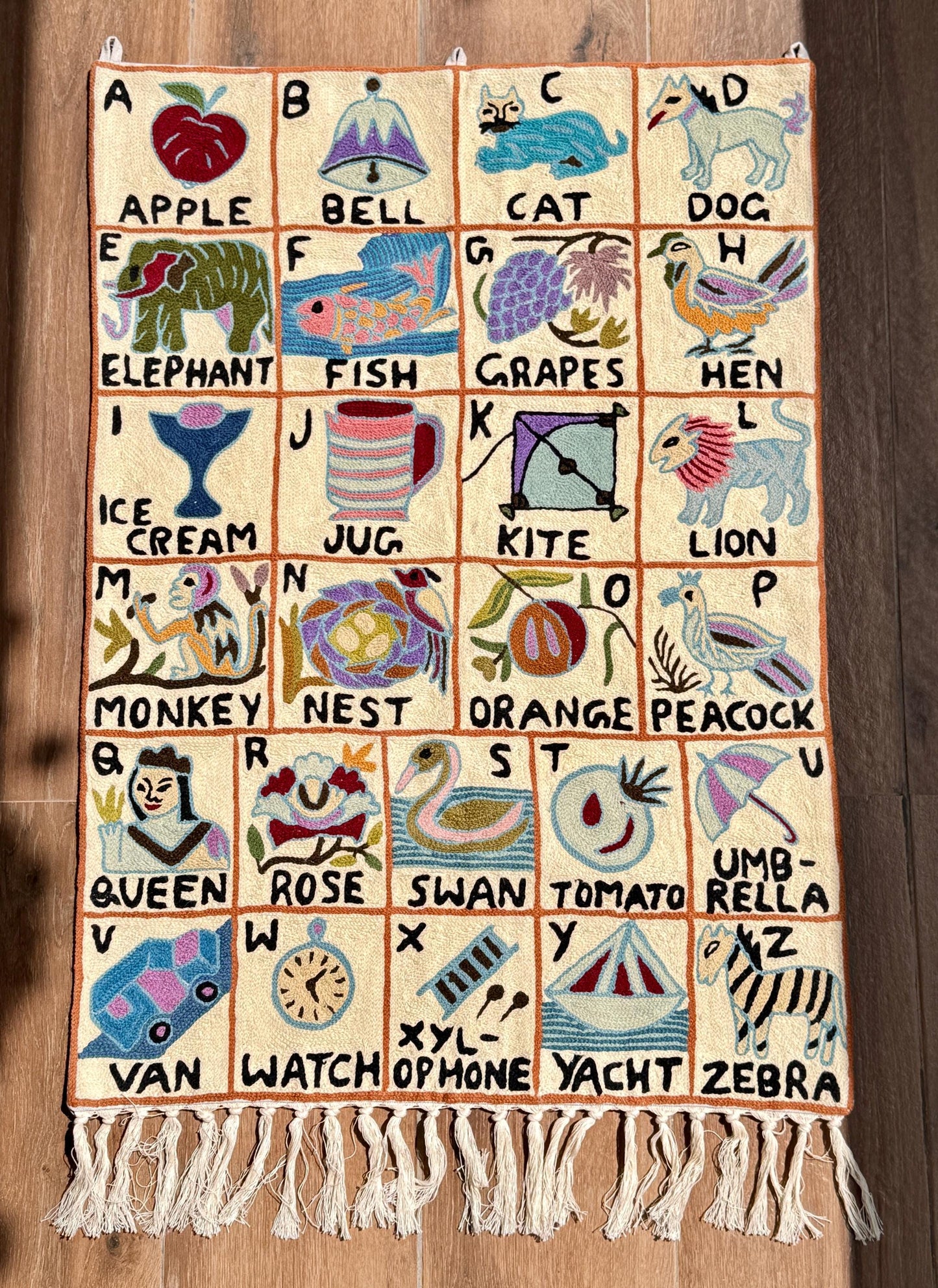 Handmade Alphabet Tapestry for Babies and kids: Wool Crewel Embroidered ABC Wall Hanging Nursery Decor, BabyShower, first Birthday - JayKayBoutiqueOnline