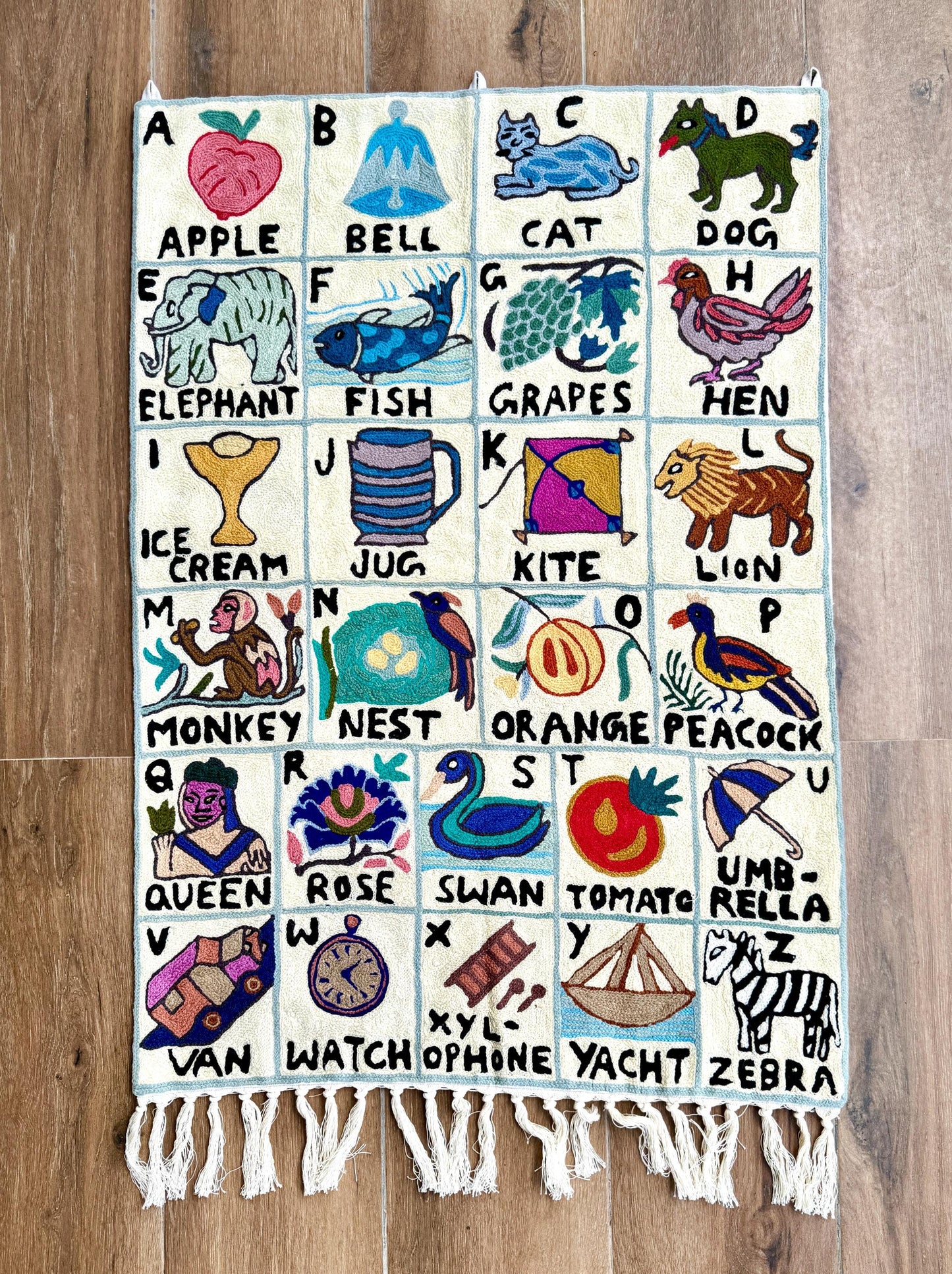 Handmade Alphabet Tapestry for Babies and kids: Wool Crewel Embroidered ABC Wall Hanging Nursery Decor, BabyShower, first Birthday - JayKayBoutiqueOnline