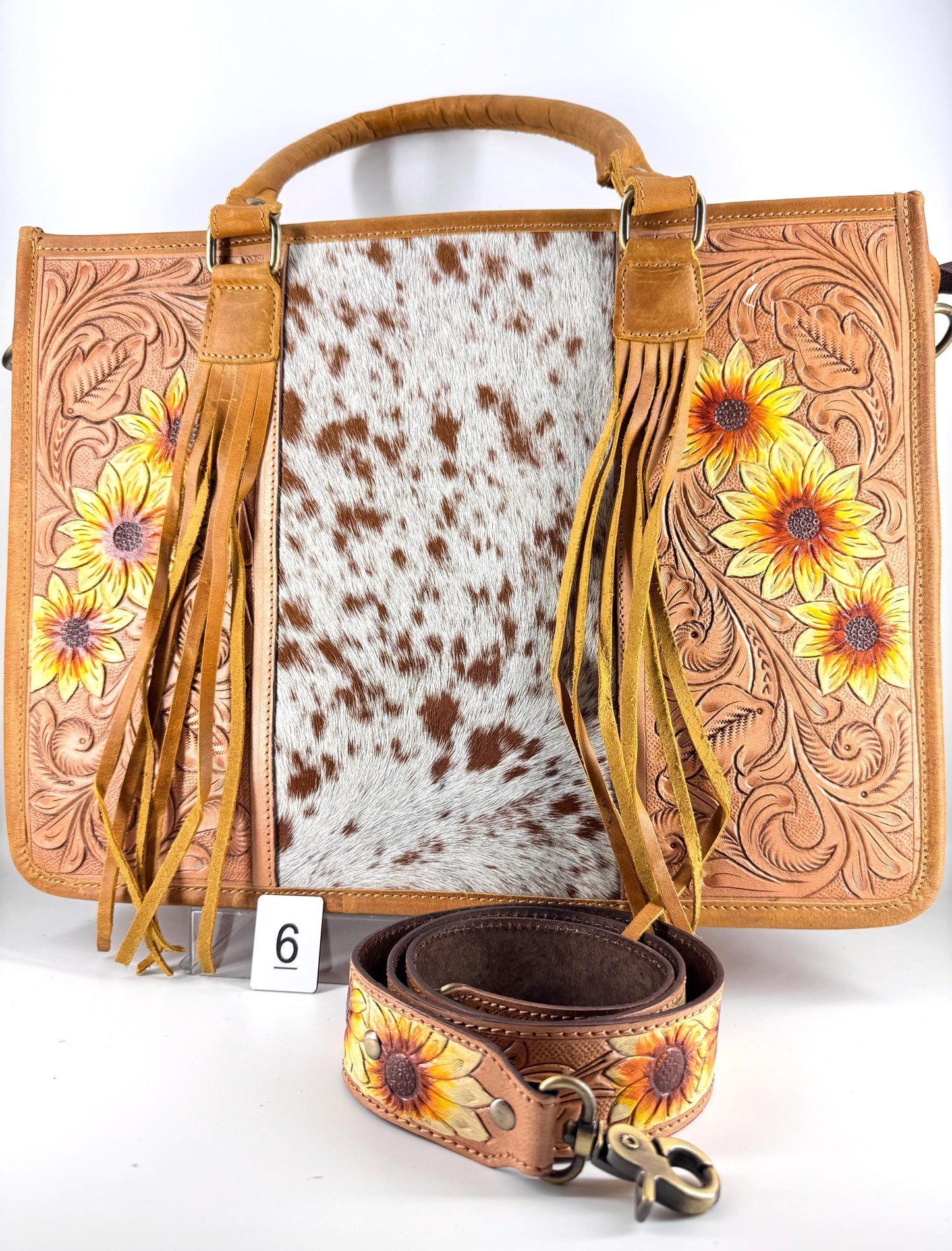 Hand Tooled Leather Tote Bag with Cowhide - JayKayBoutiqueOnline