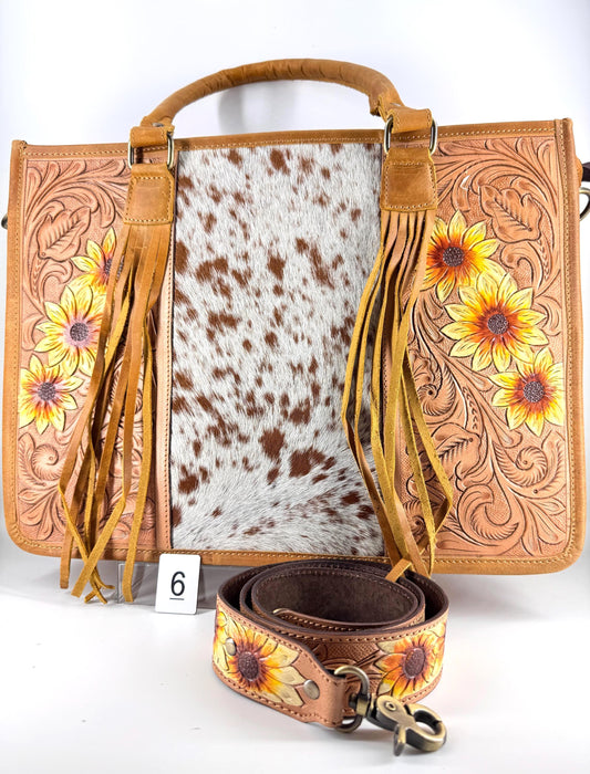 Hand Tooled Leather Tote Bag with Cowhide - JayKayBoutiqueOnline