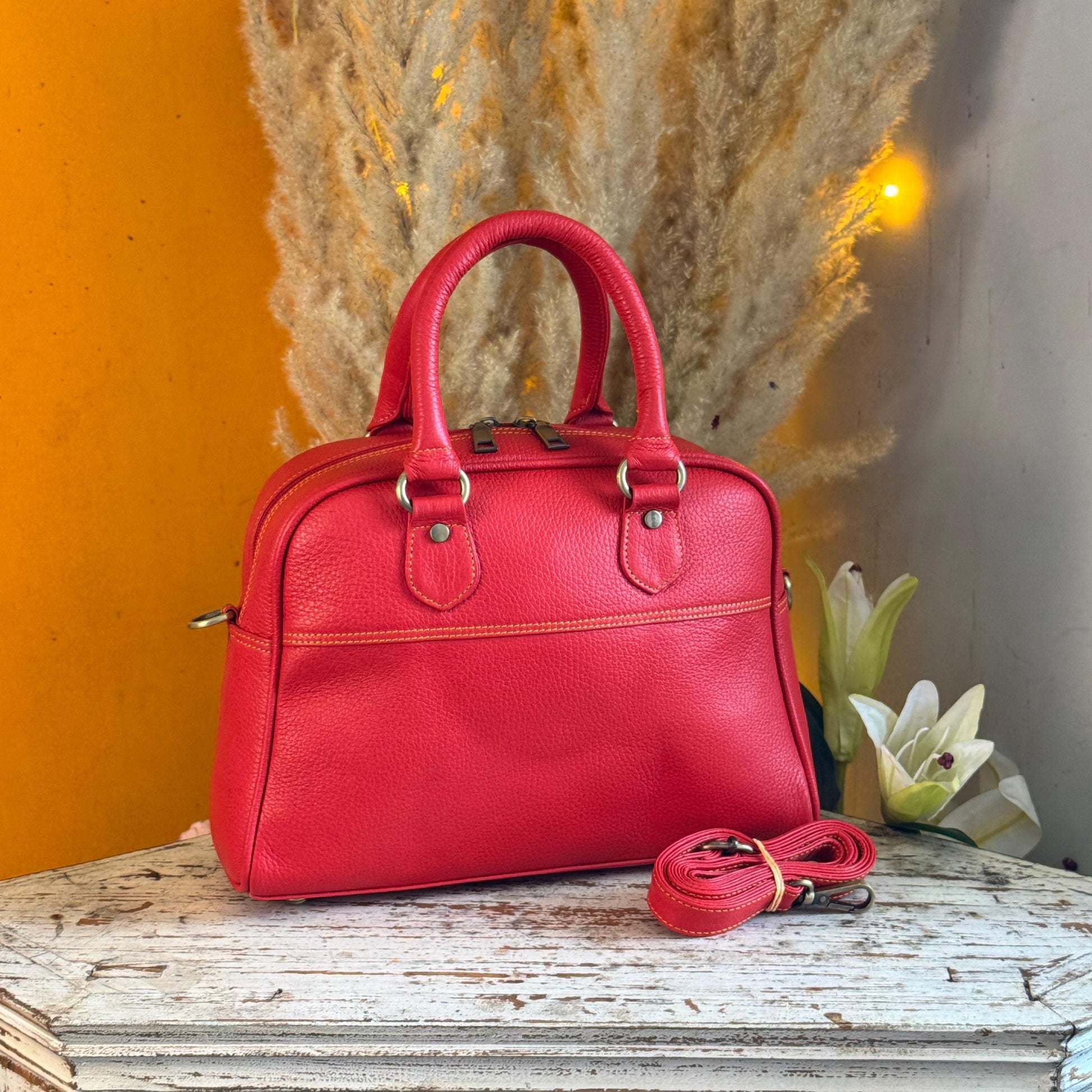 Recycled Coloured Leather Boston Bag, Vintage Style Top Handle Crossbody Handbag - JayKayBoutiqueOnline