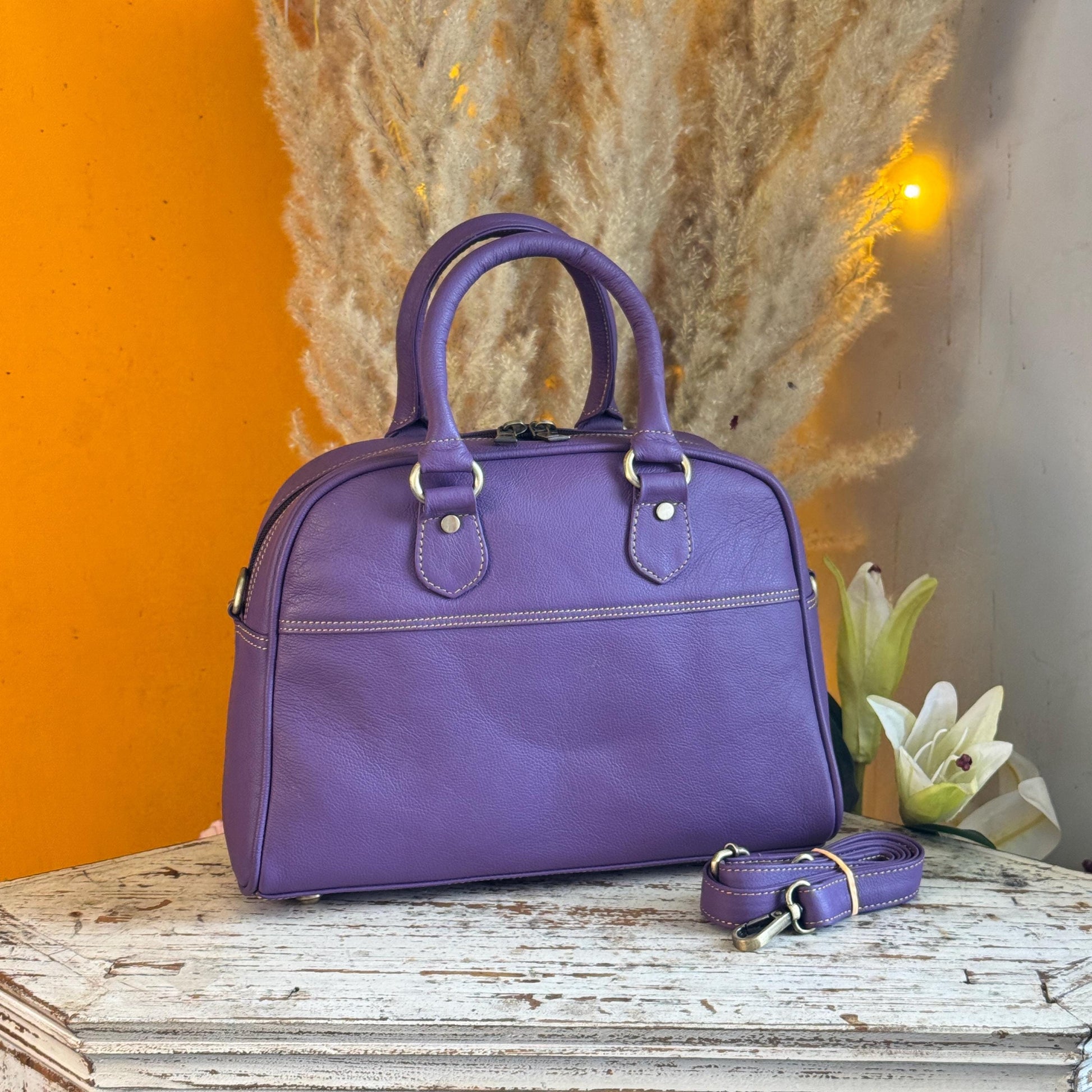 Recycled Coloured Leather Boston Bag, Vintage Style Top Handle Crossbody Handbag - JayKayBoutiqueOnline