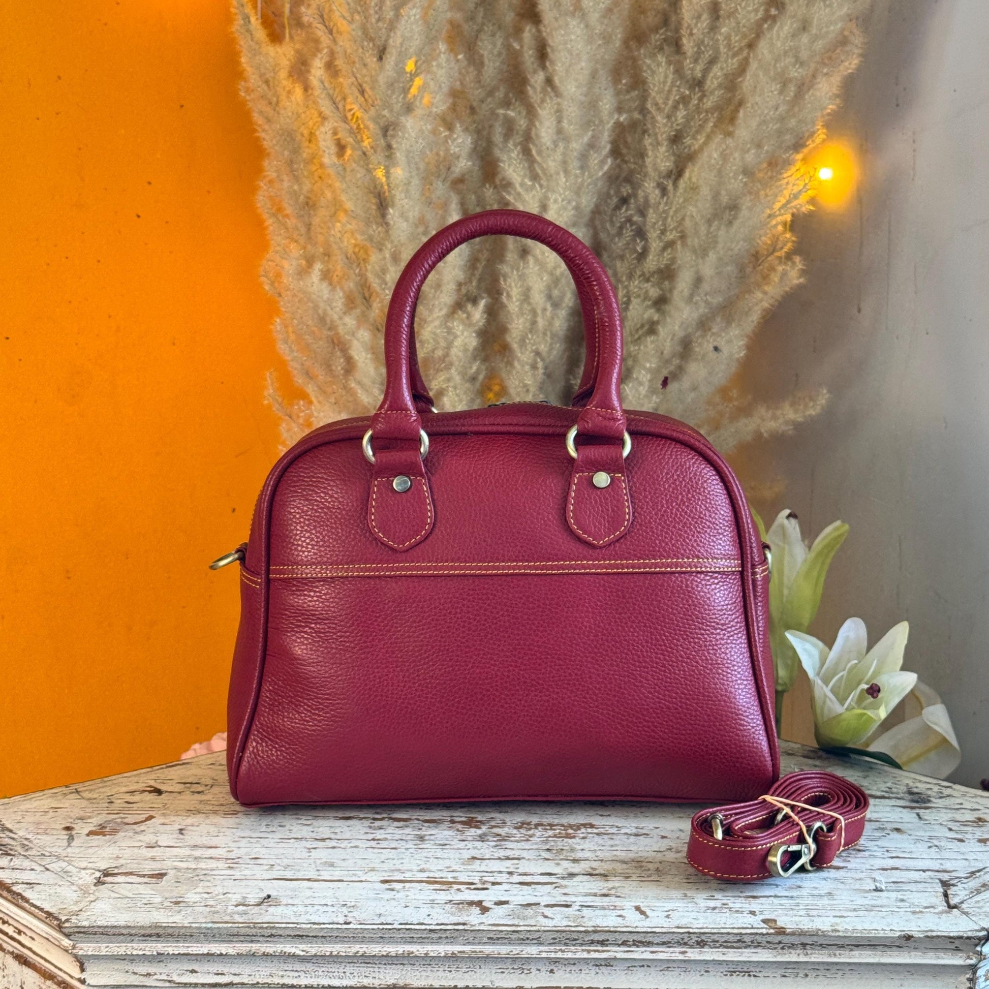 Recycled Coloured Leather Boston Bag, Vintage Style Top Handle Crossbody Handbag - JayKayBoutiqueOnline