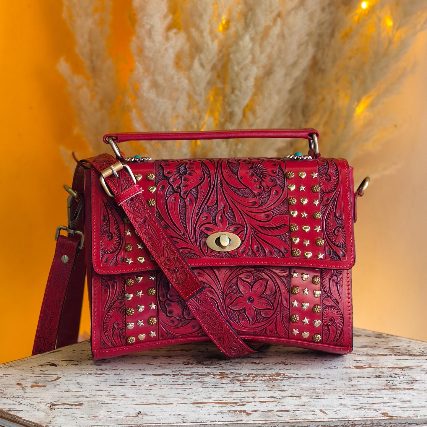 Moon Hand Tooled Full Grain Leather Bag - JayKayBoutiqueOnline
