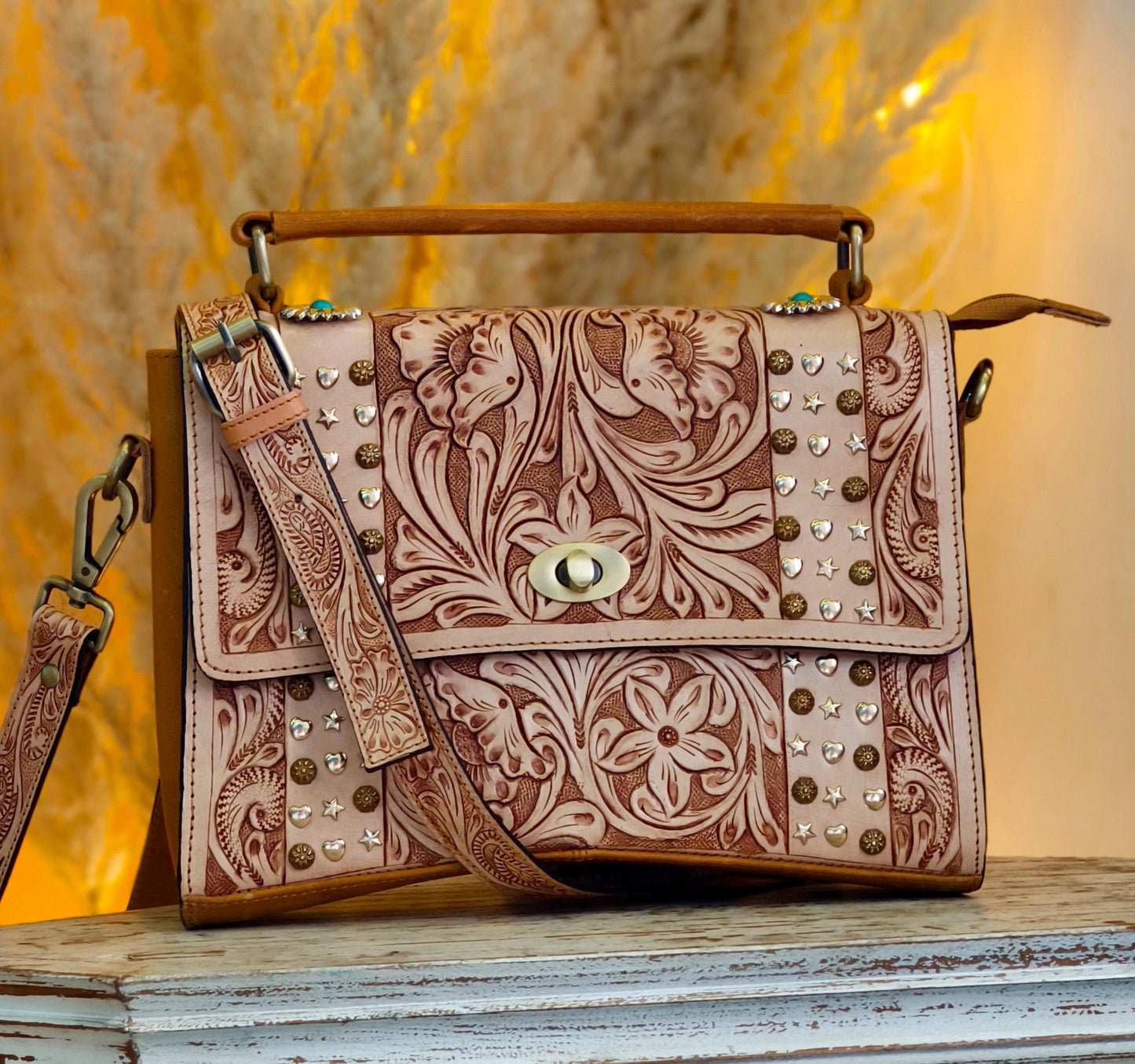 Moon Hand Tooled Full Grain Leather Bag - JayKayBoutiqueOnline