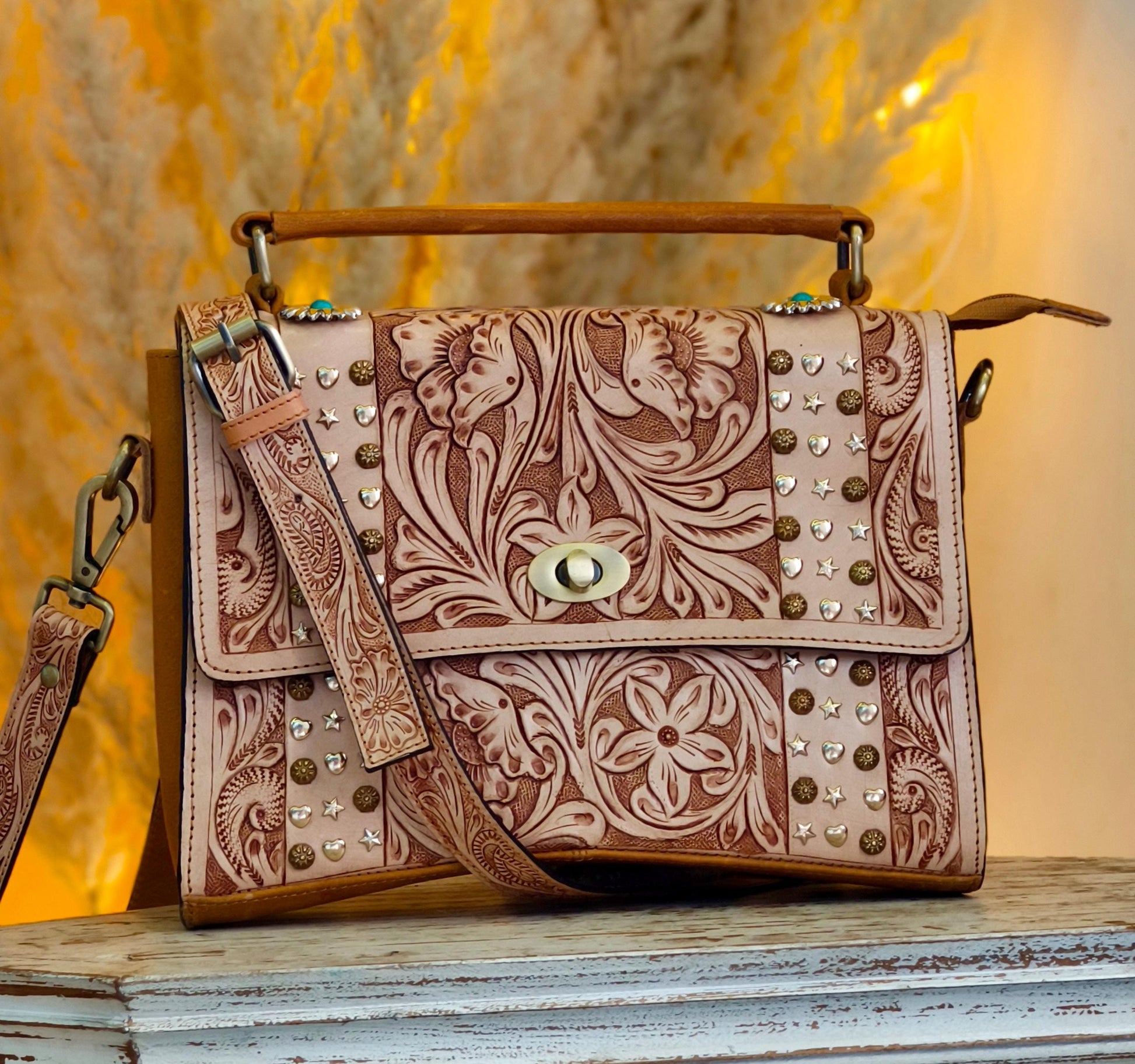 Moon Hand Tooled Full Grain Leather Bag - JayKayBoutiqueOnline