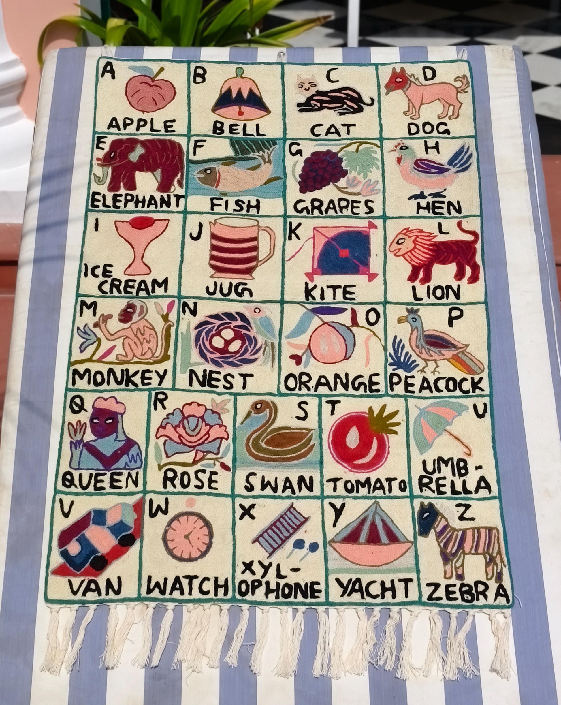 Handmade Alphabet Tapestry for Babies and kids: Wool Crewel Embroidered ABC Wall Hanging Nursery Decor, BabyShower, first Birthday - JayKayBoutiqueOnline