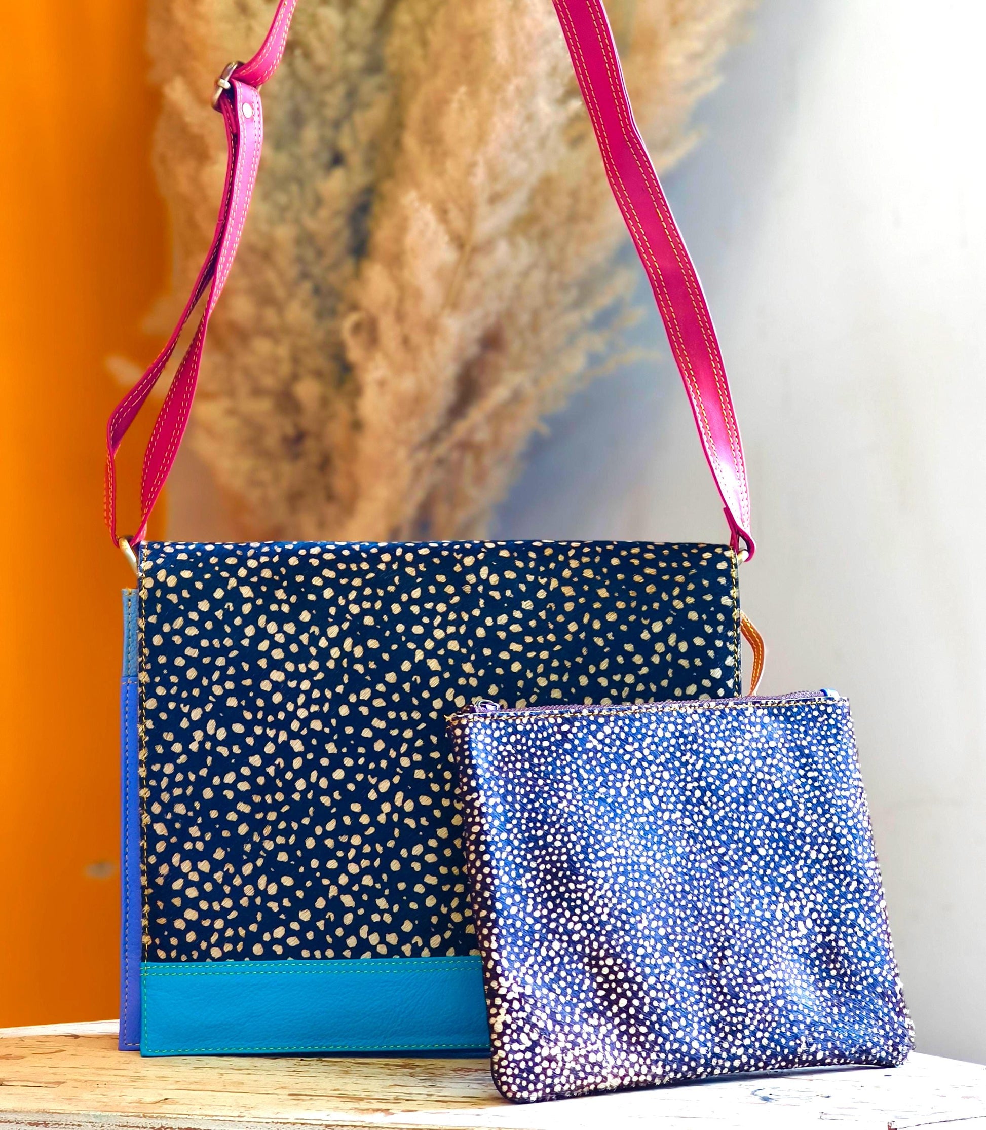 Recycled Leather Messenger Bag, Animal Print Cowhide Crossbody, iPad Tablet Satchel - JayKayBoutiqueOnline