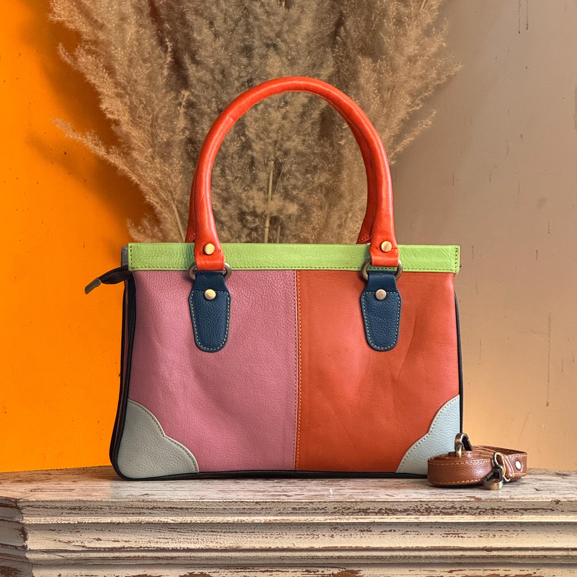Recycled Coloured Leather Hair on Animal Print Hide 2 in 1 Classic Handbag with Detachable Crossbody Shoulder Strap; Expanding Handbag - JayKayBoutiqueOnline