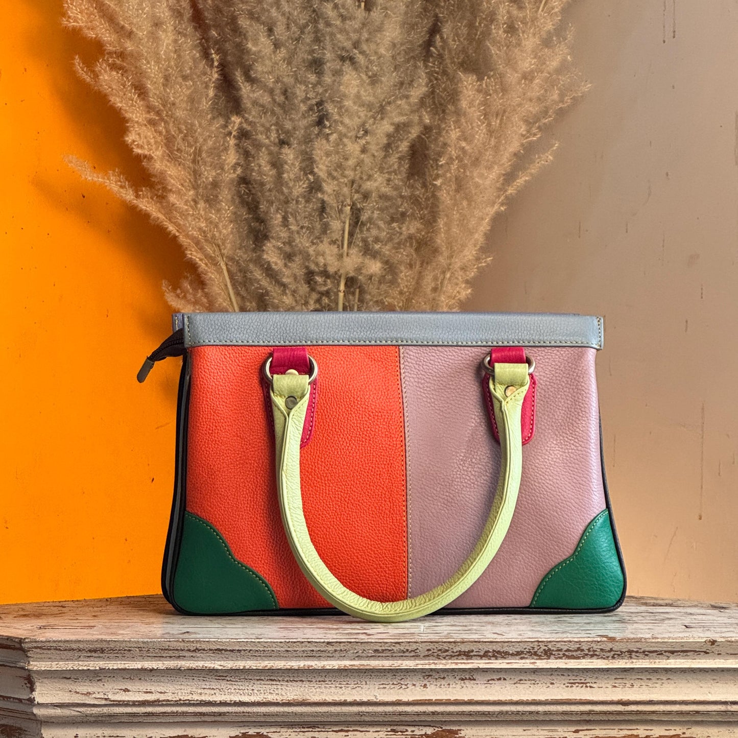 Recycled Coloured Leather Hair on Animal Print Hide 2 in 1 Classic Handbag with Detachable Crossbody Shoulder Strap; Expanding Handbag - JayKayBoutiqueOnline