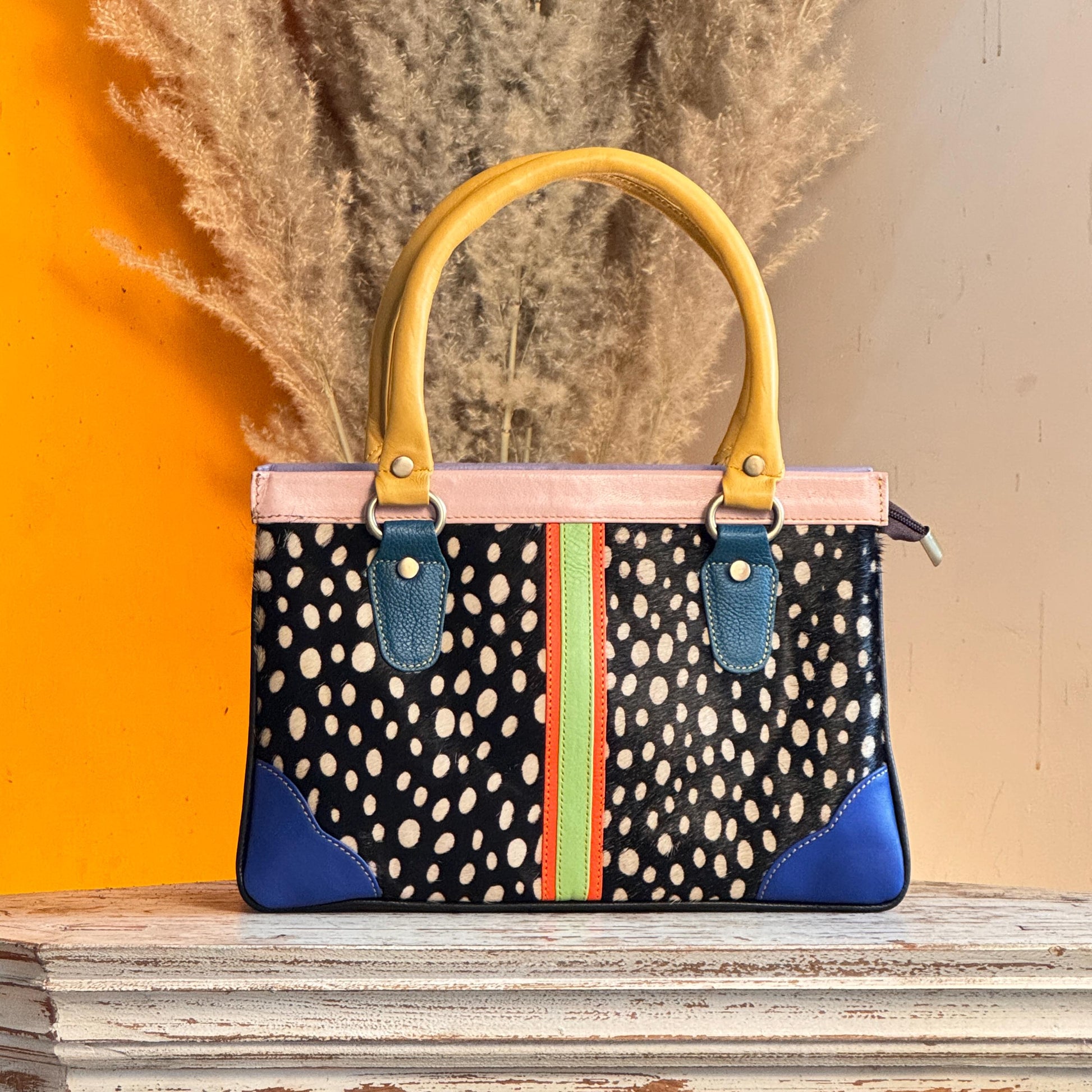 Recycled Coloured Leather Hair on Animal Print Hide 2 in 1 Classic Handbag with Detachable Crossbody Shoulder Strap; Expanding Handbag - JayKayBoutiqueOnline