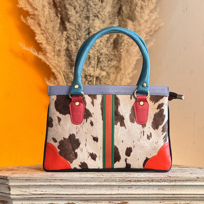 Recycled Coloured Leather Hair on Animal Print Hide 2 in 1 Classic Handbag with Detachable Crossbody Shoulder Strap; Expanding Handbag - JayKayBoutiqueOnline
