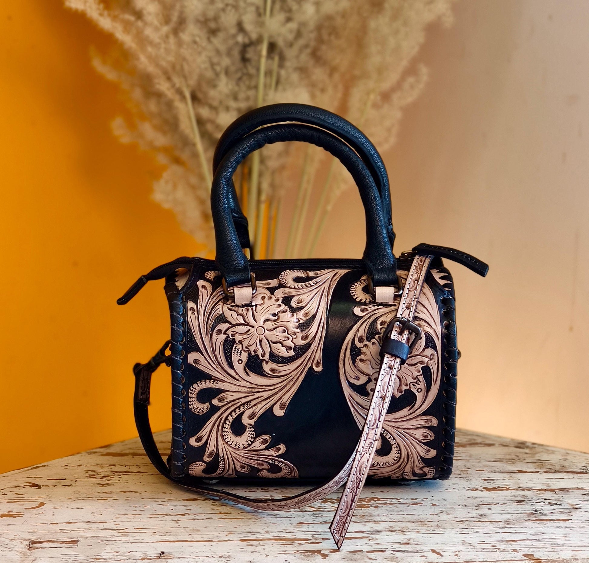 Hand Tooled Leather Speedy Bag: Western Style Full Grain Top Handle Bag - JayKayBoutiqueOnline