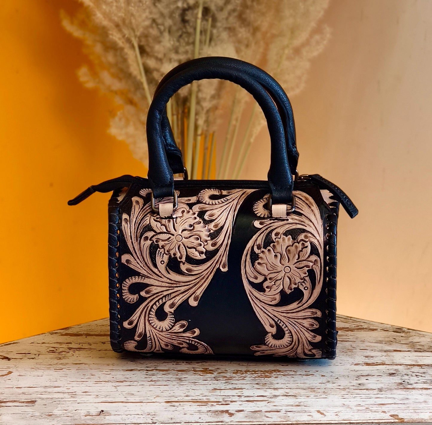Hand Tooled Leather Speedy Bag: Western Style Full Grain Top Handle Bag - JayKayBoutiqueOnline