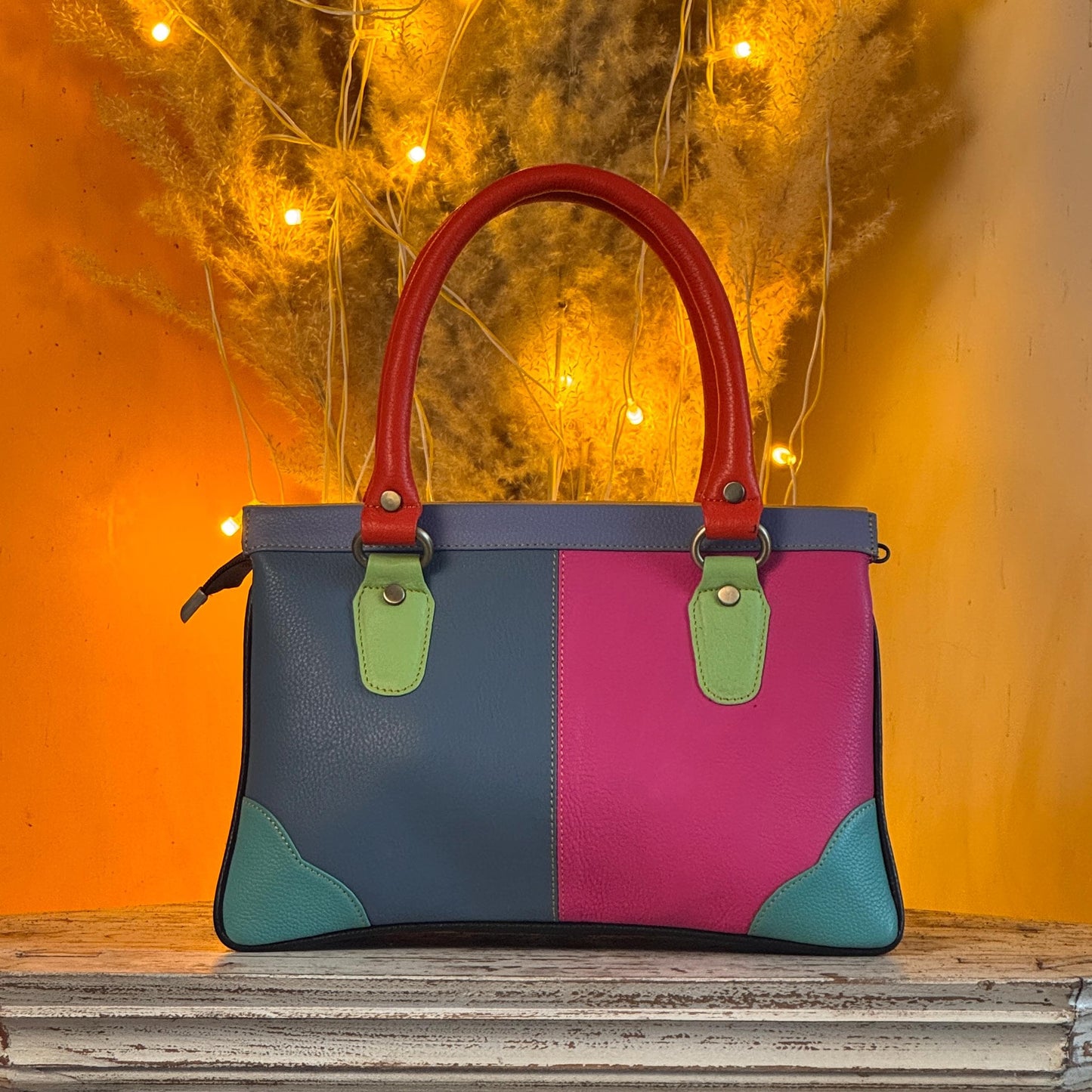 Recycled Coloured Leather Hair on Animal Print Hide 2 in 1 Classic Handbag with Detachable Crossbody Shoulder Strap; Expanding Handbag - JayKayBoutiqueOnline