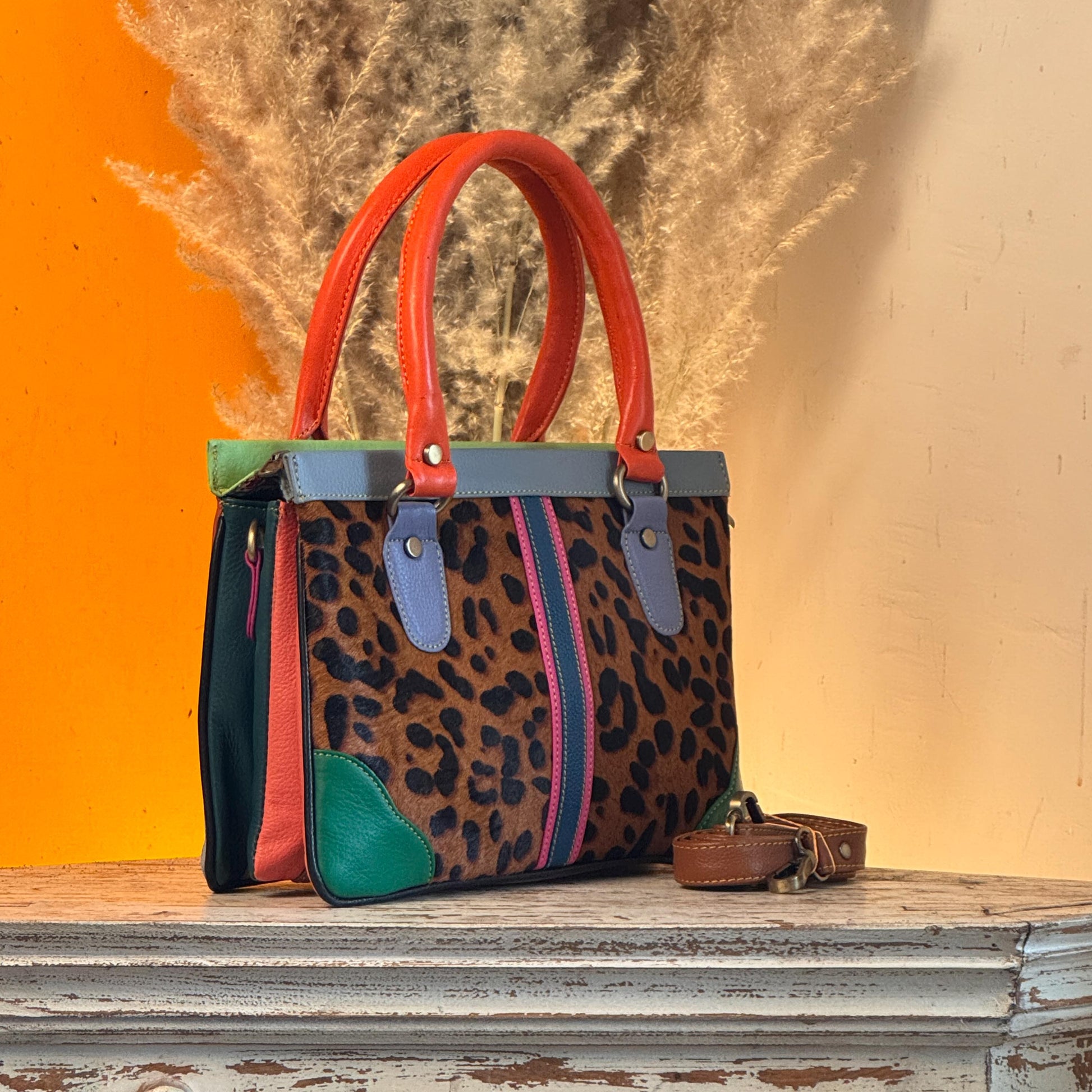Recycled Coloured Leather Hair on Animal Print Hide 2 in 1 Classic Handbag with Detachable Crossbody Shoulder Strap; Expanding Handbag - JayKayBoutiqueOnline