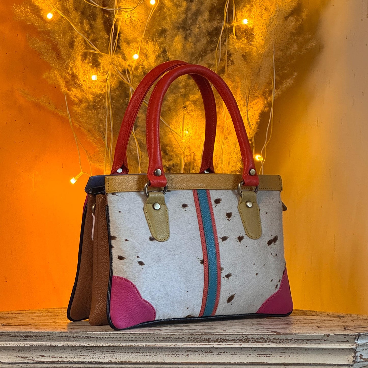 Recycled Coloured Leather Hair on Animal Print Hide 2 in 1 Classic Handbag with Detachable Crossbody Shoulder Strap; Expanding Handbag - JayKayBoutiqueOnline