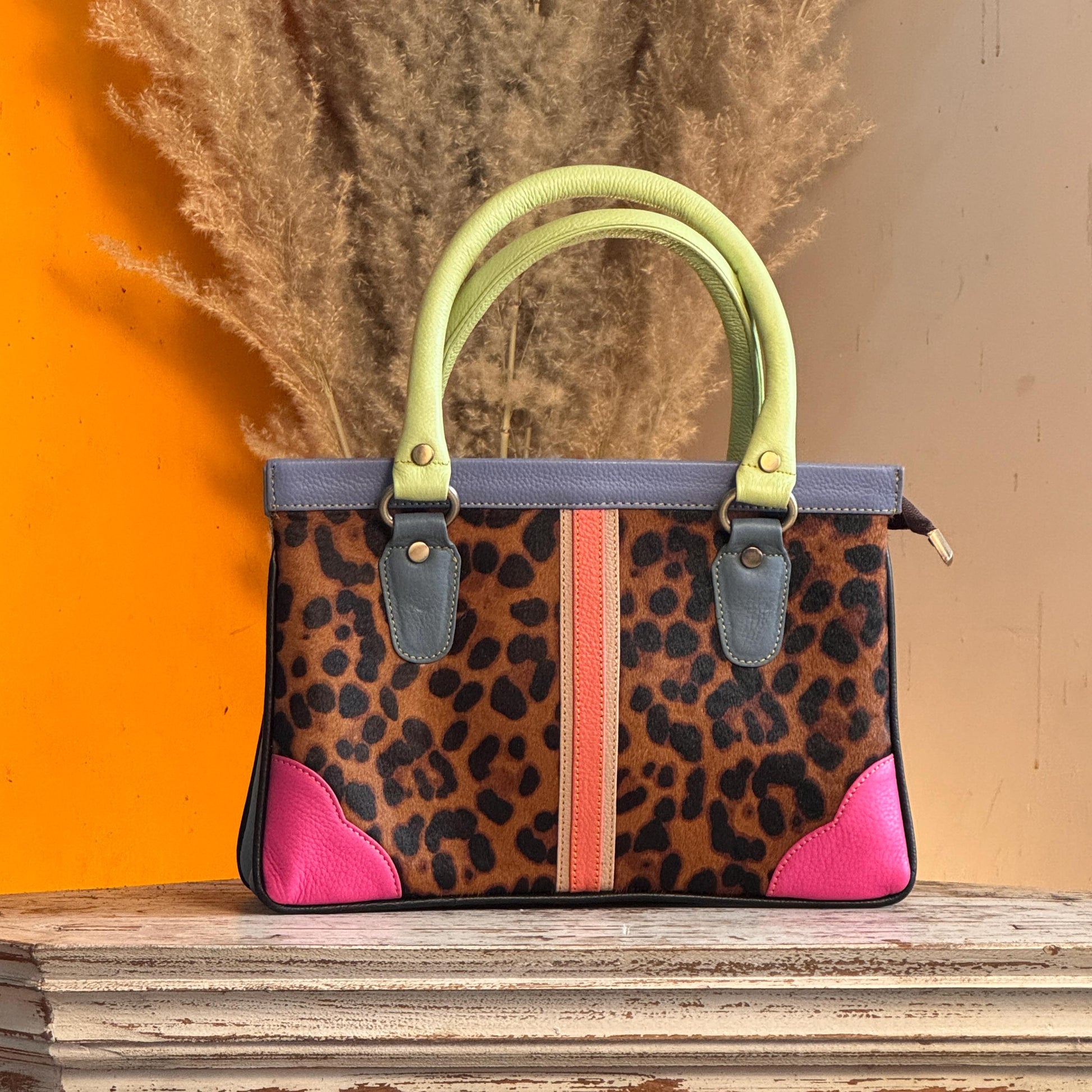 Recycled Coloured Leather Hair on Animal Print Hide 2 in 1 Classic Handbag with Detachable Crossbody Shoulder Strap; Expanding Handbag - JayKayBoutiqueOnline