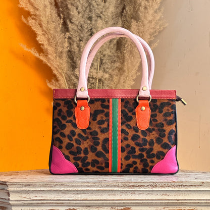 Recycled Coloured Leather Hair on Animal Print Hide 2 in 1 Classic Handbag with Detachable Crossbody Shoulder Strap; Expanding Handbag - JayKayBoutiqueOnline