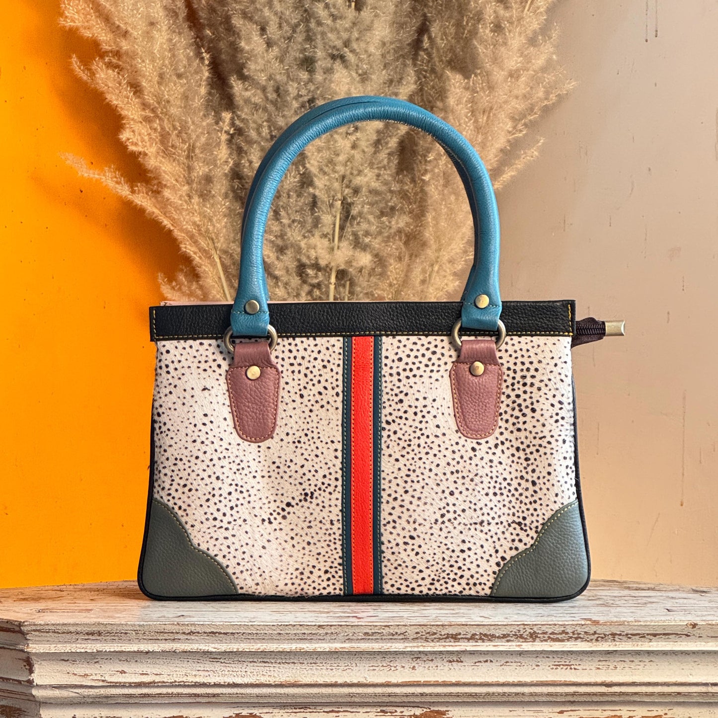 Recycled Coloured Leather Hair on Animal Print Hide 2 in 1 Classic Handbag with Detachable Crossbody Shoulder Strap; Expanding Handbag - JayKayBoutiqueOnline