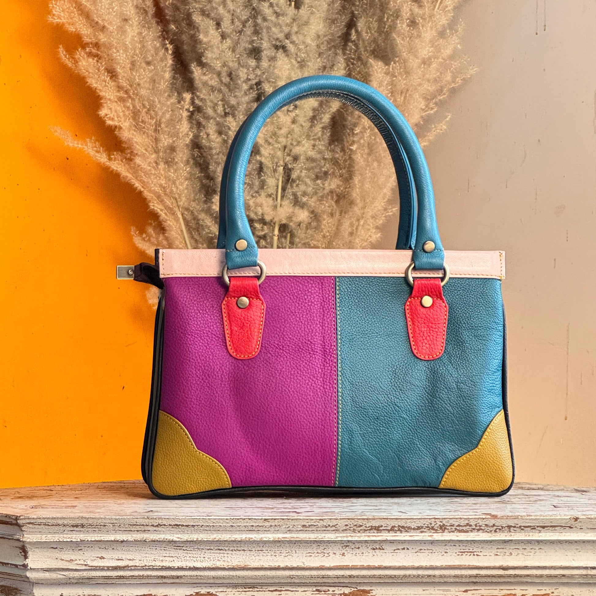 Recycled Coloured Leather Hair on Animal Print Hide 2 in 1 Classic Handbag with Detachable Crossbody Shoulder Strap; Expanding Handbag - JayKayBoutiqueOnline