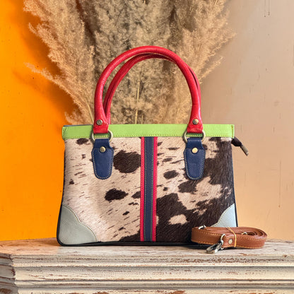 Recycled Coloured Leather Hair on Animal Print Hide 2 in 1 Classic Handbag with Detachable Crossbody Shoulder Strap; Expanding Handbag - JayKayBoutiqueOnline