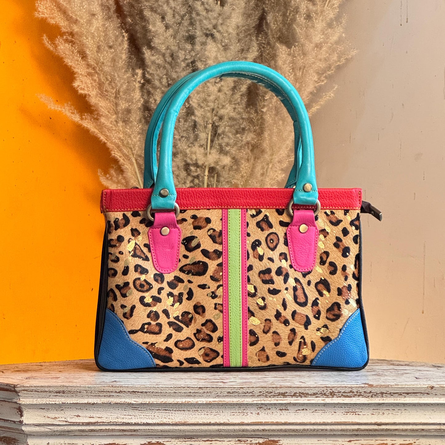 Recycled Coloured Leather Hair on Animal Print Hide 2 in 1 Classic Handbag with Detachable Crossbody Shoulder Strap; Expanding Handbag - JayKayBoutiqueOnline