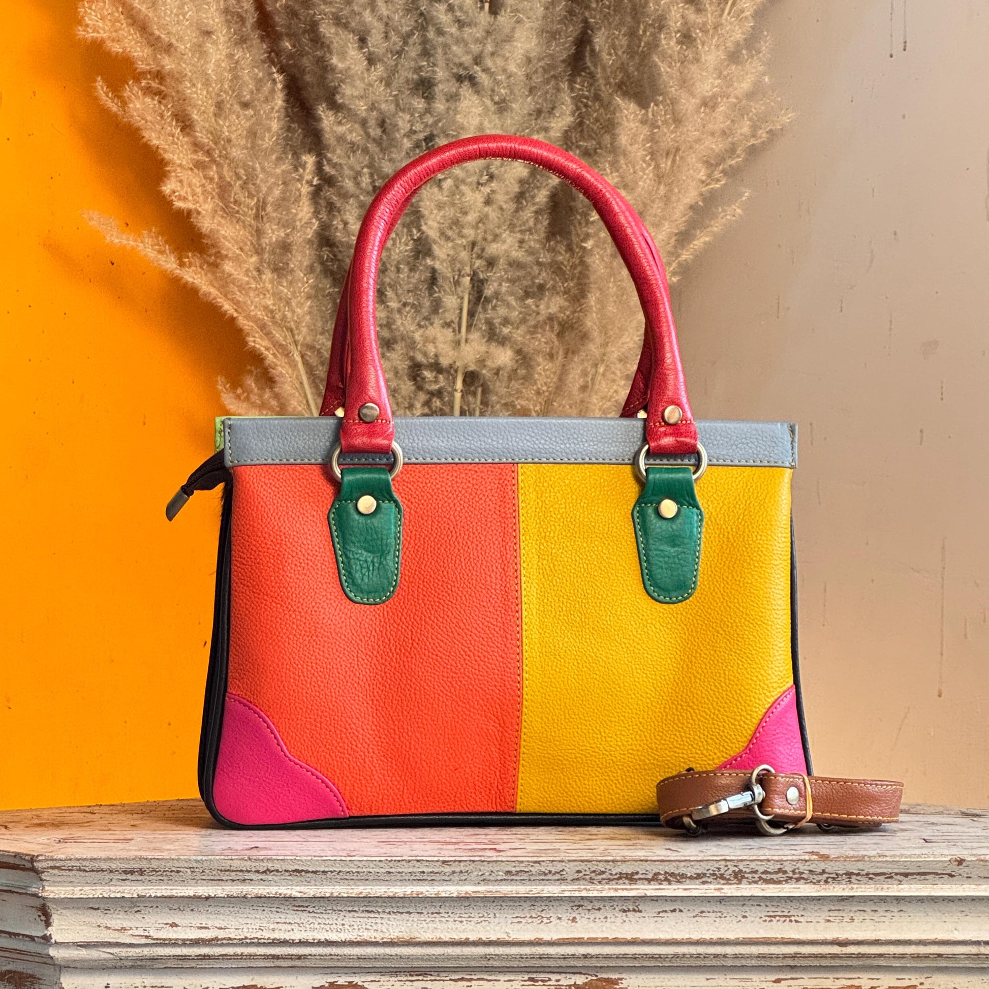 Recycled Coloured Leather Hair on Animal Print Hide 2 in 1 Classic Handbag with Detachable Crossbody Shoulder Strap; Expanding Handbag - JayKayBoutiqueOnline