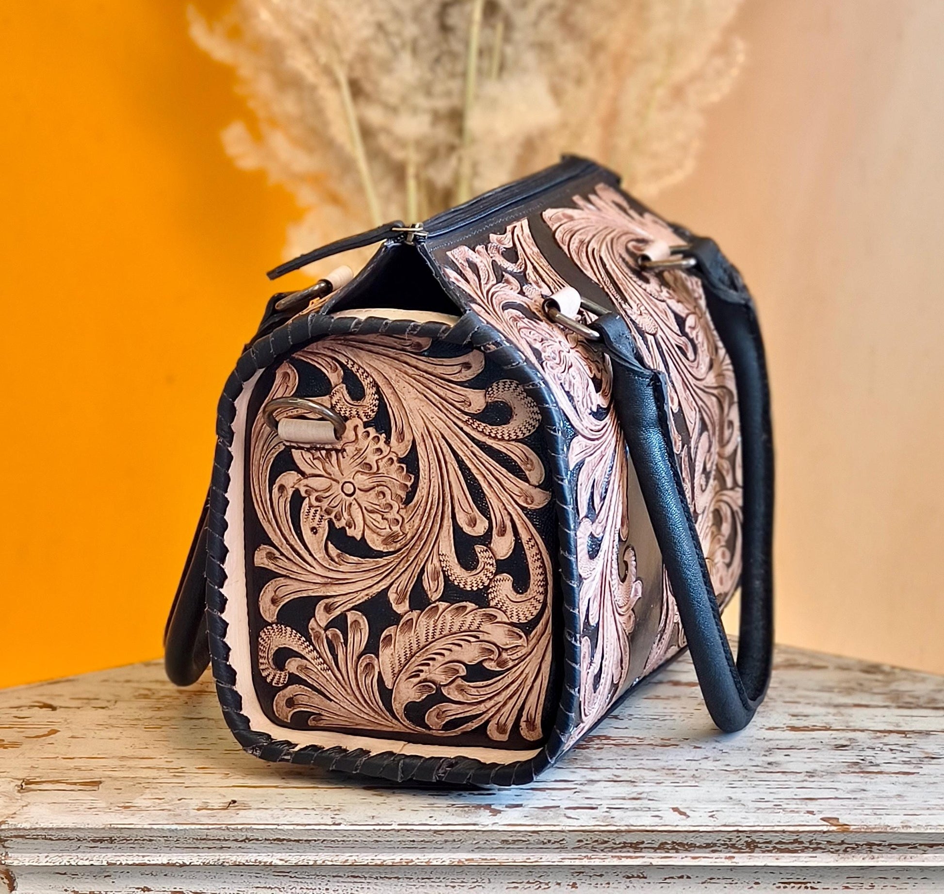 Hand Tooled Leather Speedy Bag: Western Style Full Grain Top Handle Bag - JayKayBoutiqueOnline