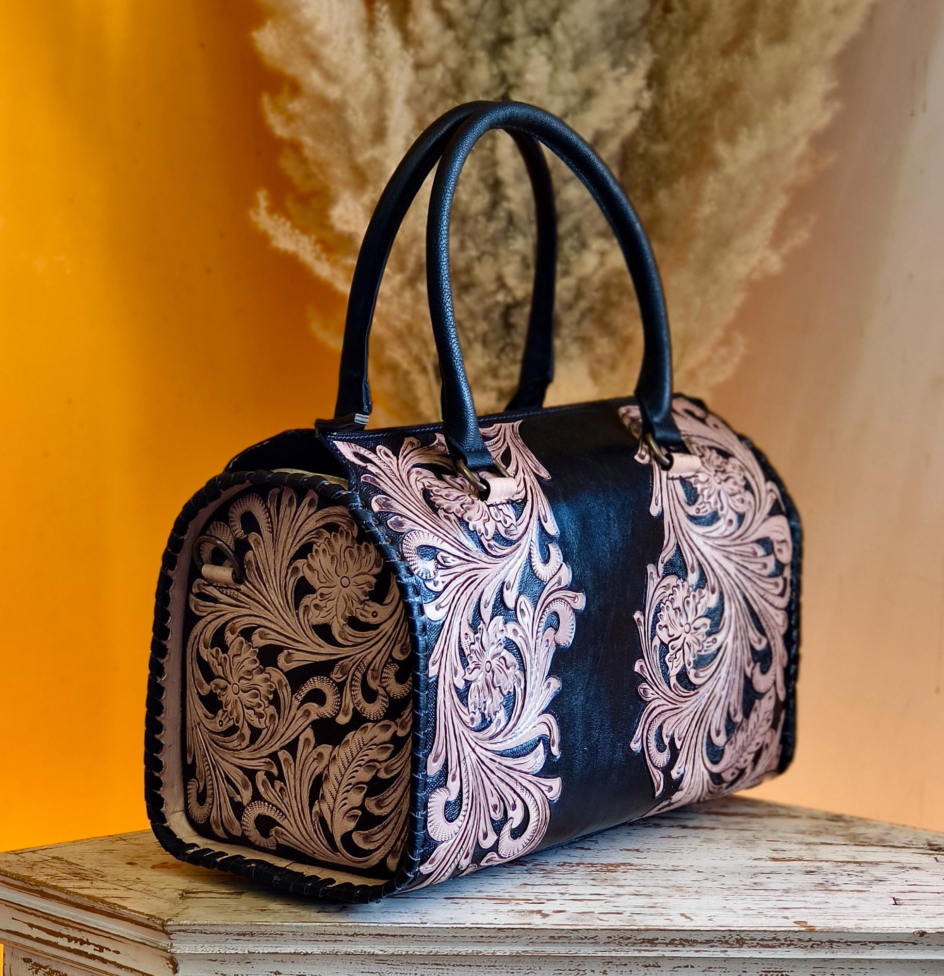 Hand Tooled Leather Speedy Bag: Western Style Full Grain Top Handle Bag - JayKayBoutiqueOnline
