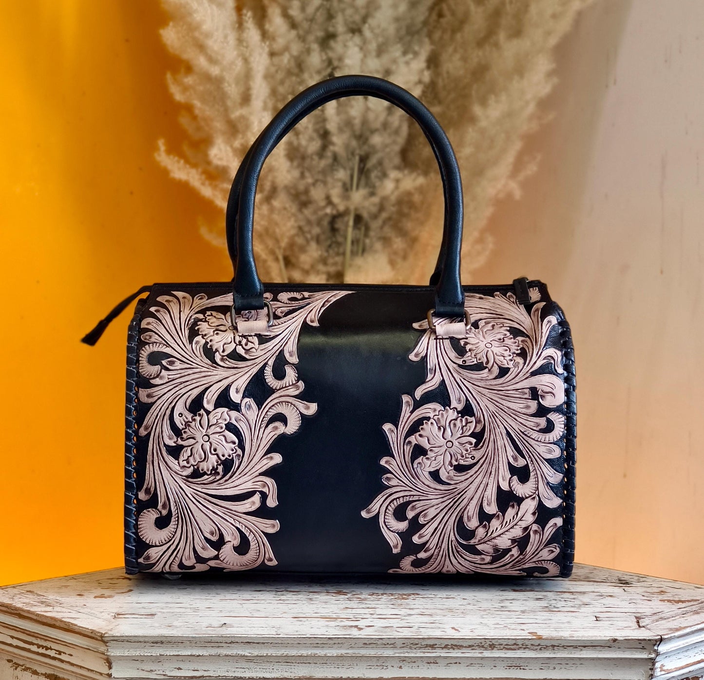 Hand Tooled Leather Speedy Bag: Western Style Full Grain Top Handle Bag - JayKayBoutiqueOnline