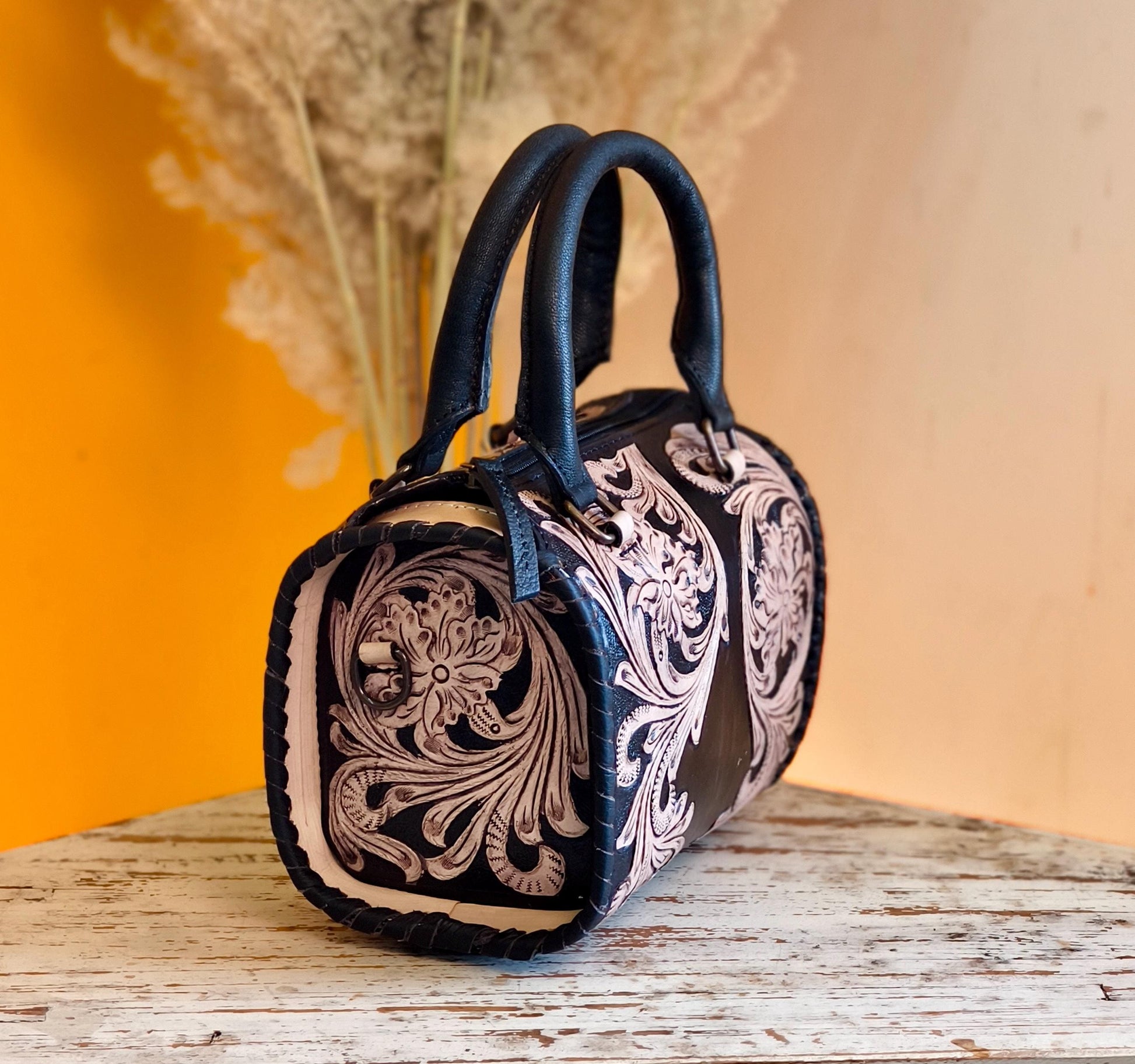 Hand Tooled Leather Speedy Bag: Western Style Full Grain Top Handle Bag - JayKayBoutiqueOnline