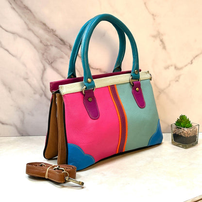 Recycled Coloured Leather 2 in 1 Classic Handbag with Detachable Crossbody Shoulder Strap; Expanding Handbag, - JayKayBoutiqueOnline