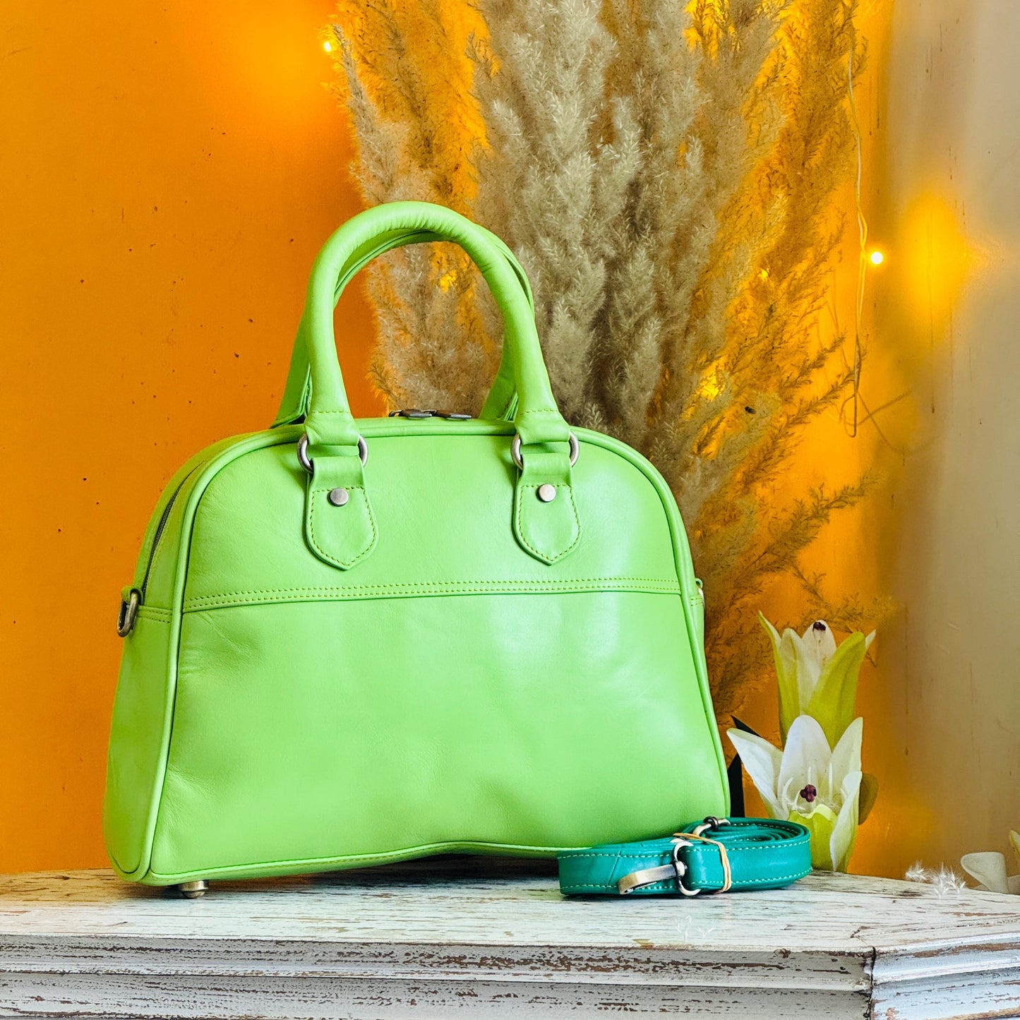 Coloured Smooth Leather Boston Bag: Vintage Style Top Handle Crossbody Handbag made with Recycled premium smooth Leather - JayKayBoutiqueOnline