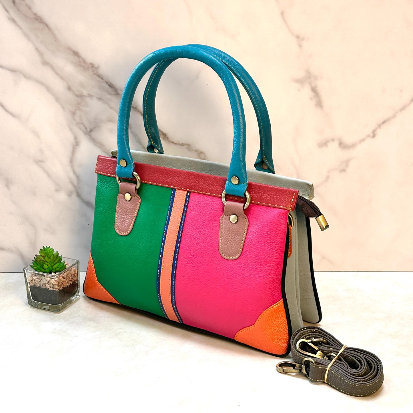 Recycled Coloured Leather 2 in 1 Classic Handbag with Detachable Crossbody Shoulder Strap; Expanding Handbag, - JayKayBoutiqueOnline