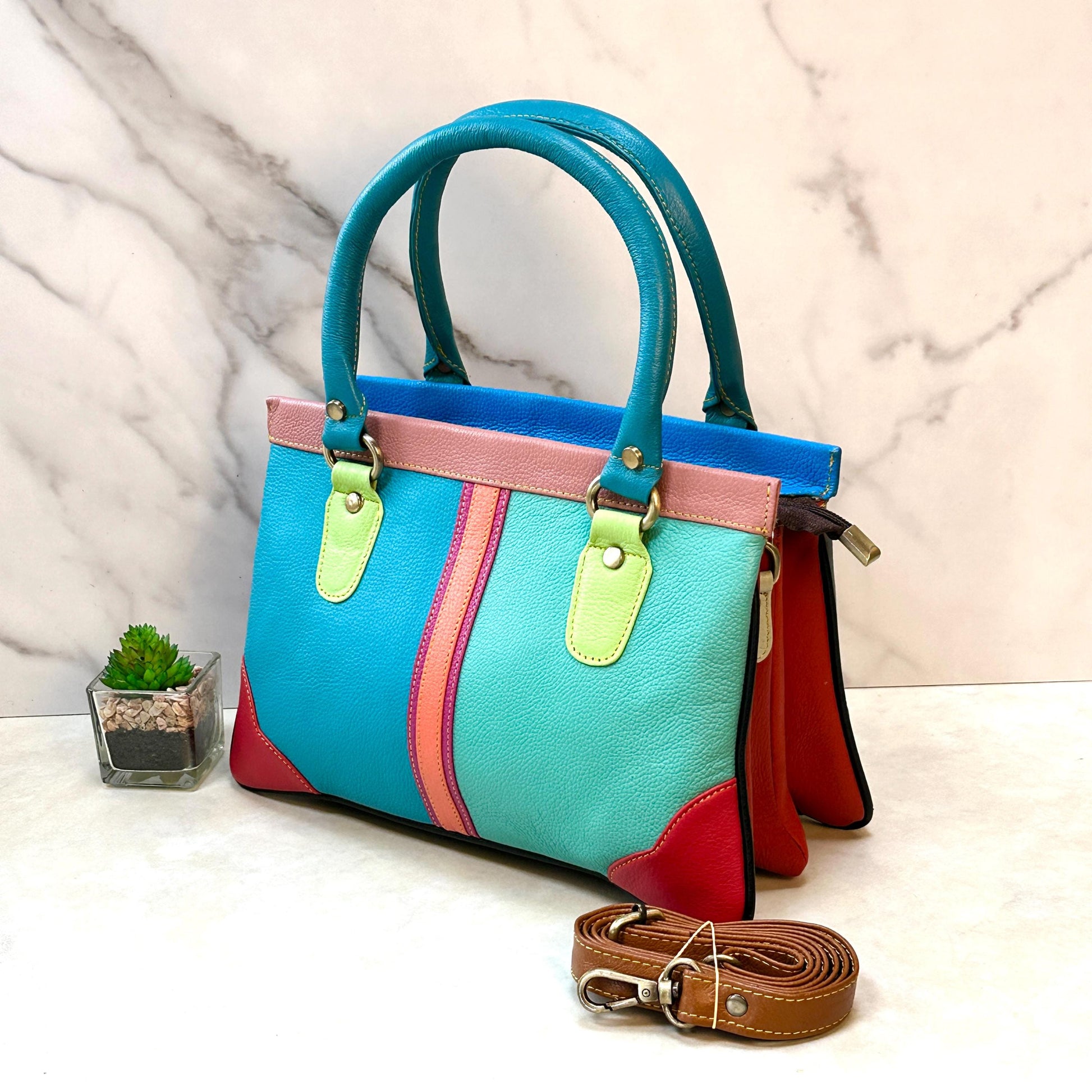 Recycled Coloured Leather 2 in 1 Classic Handbag with Detachable Crossbody Shoulder Strap; Expanding Handbag, - JayKayBoutiqueOnline
