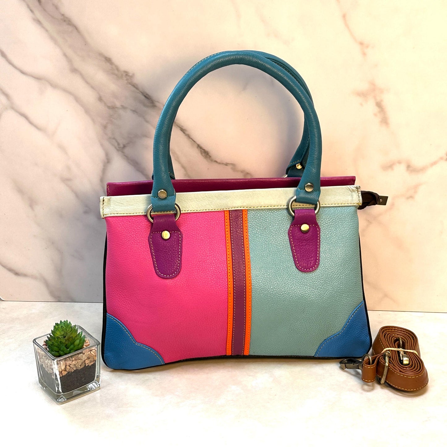 Recycled Coloured Leather 2 in 1 Classic Handbag with Detachable Crossbody Shoulder Strap; Expanding Handbag, - JayKayBoutiqueOnline