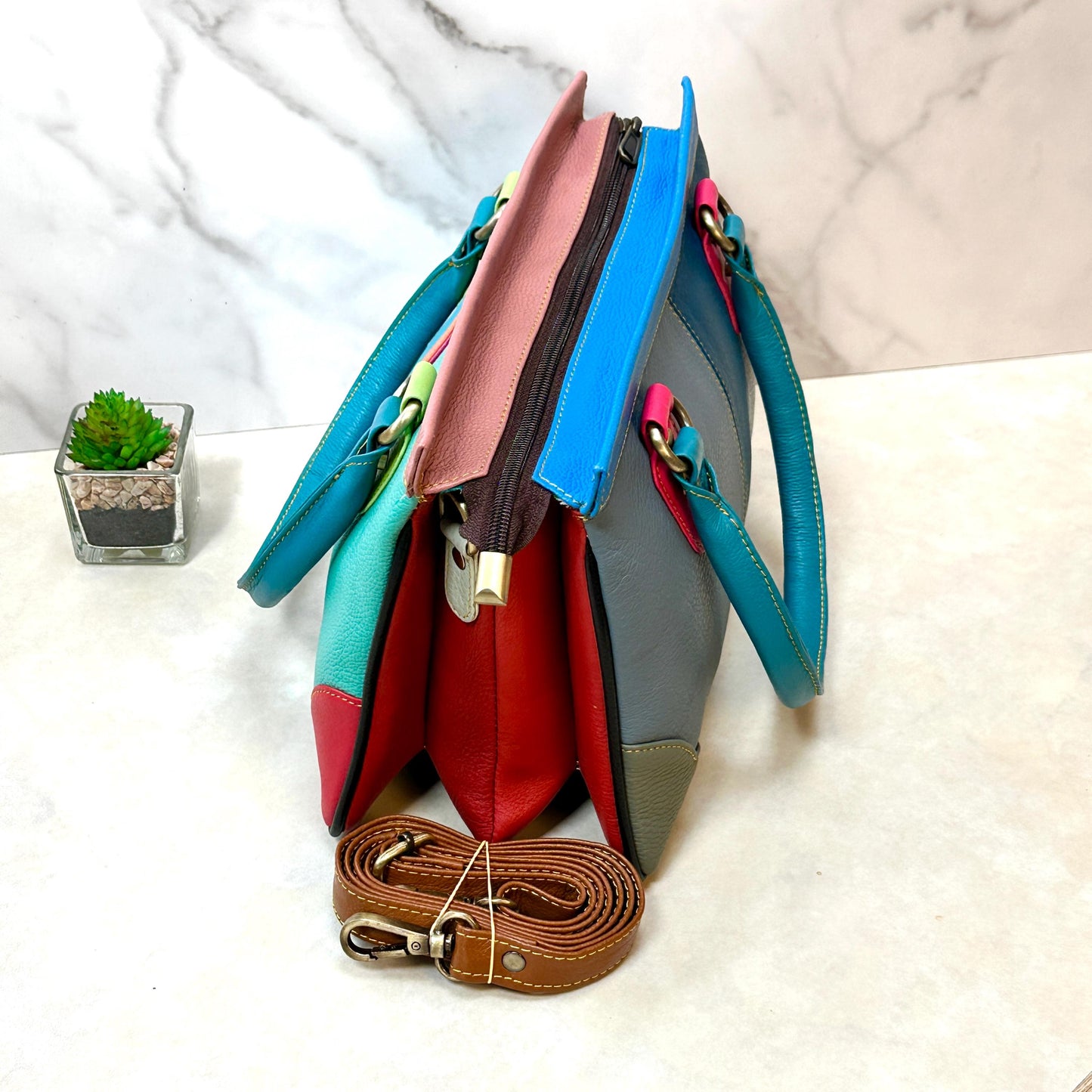 Recycled Coloured Leather 2 in 1 Classic Handbag with Detachable Crossbody Shoulder Strap; Expanding Handbag, - JayKayBoutiqueOnline
