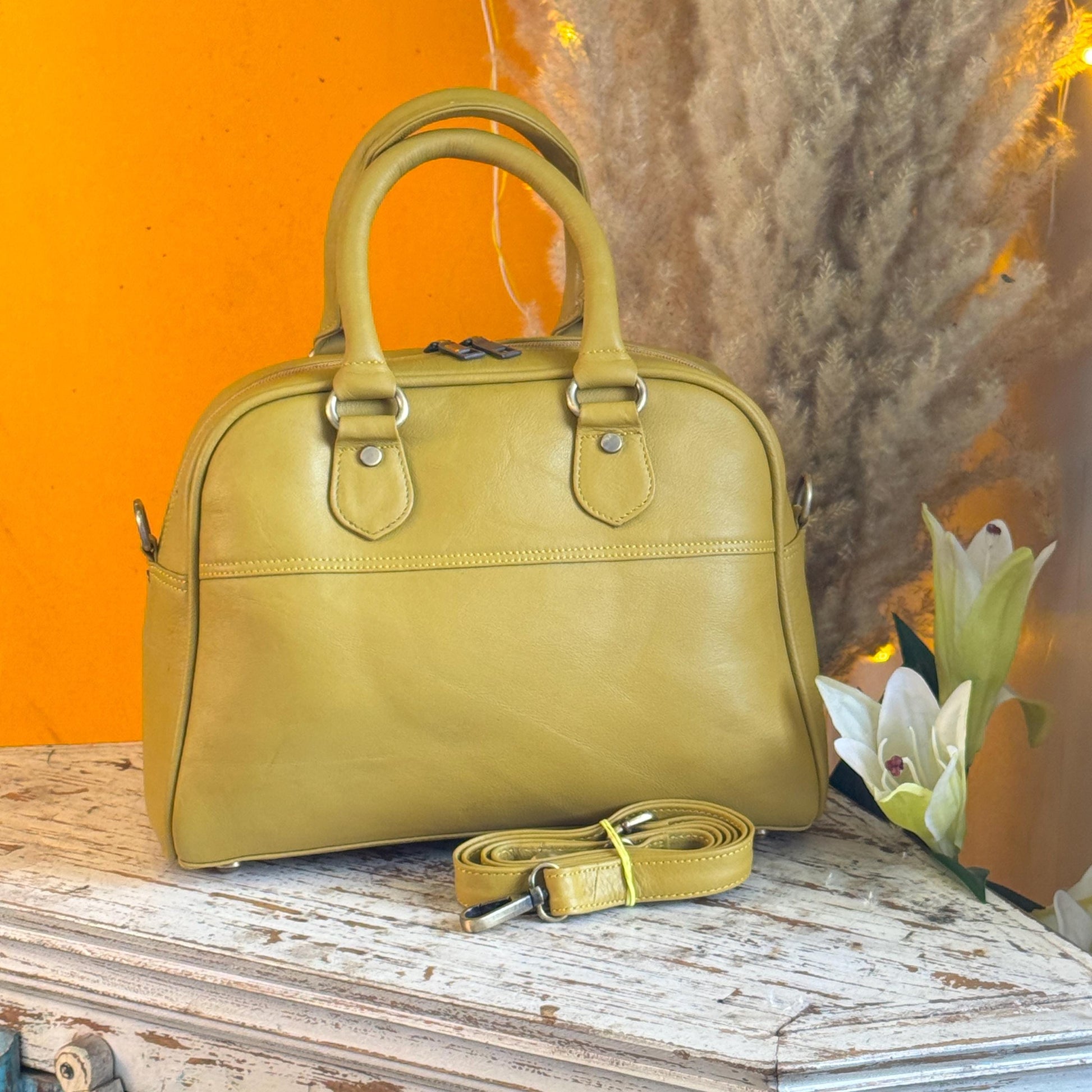 Coloured Smooth Leather Boston Bag: Vintage Style Top Handle Crossbody Handbag made with Recycled premium smooth Leather - JayKayBoutiqueOnline