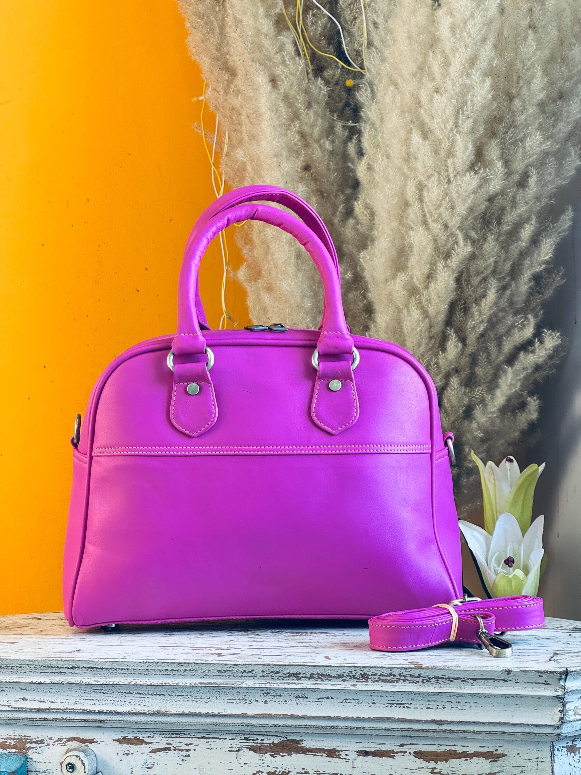 Coloured Smooth Leather Boston Bag: Vintage Style Top Handle Crossbody Handbag made with Recycled premium smooth Leather - JayKayBoutiqueOnline